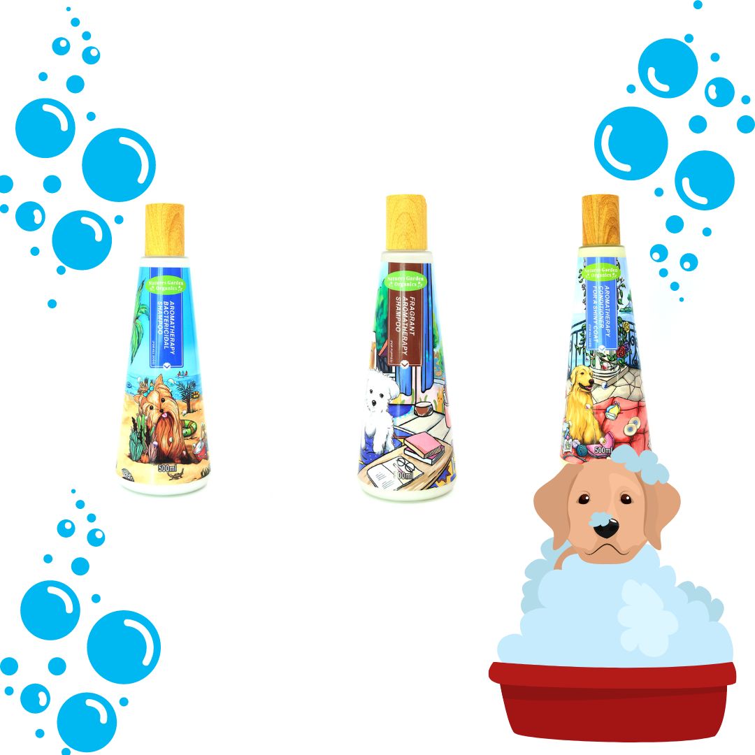 Nature's Garden pet shampoo bottles and a dog in a bath