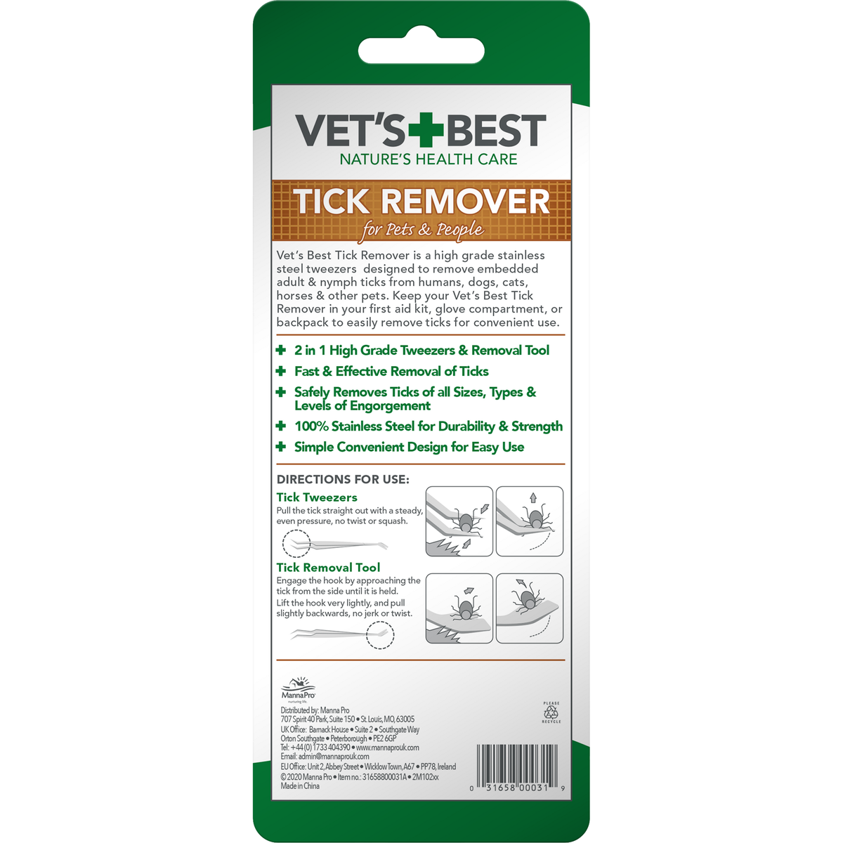 Vet's Best Stainless Steel Tick Remover back of pack showing how to use the tweezers