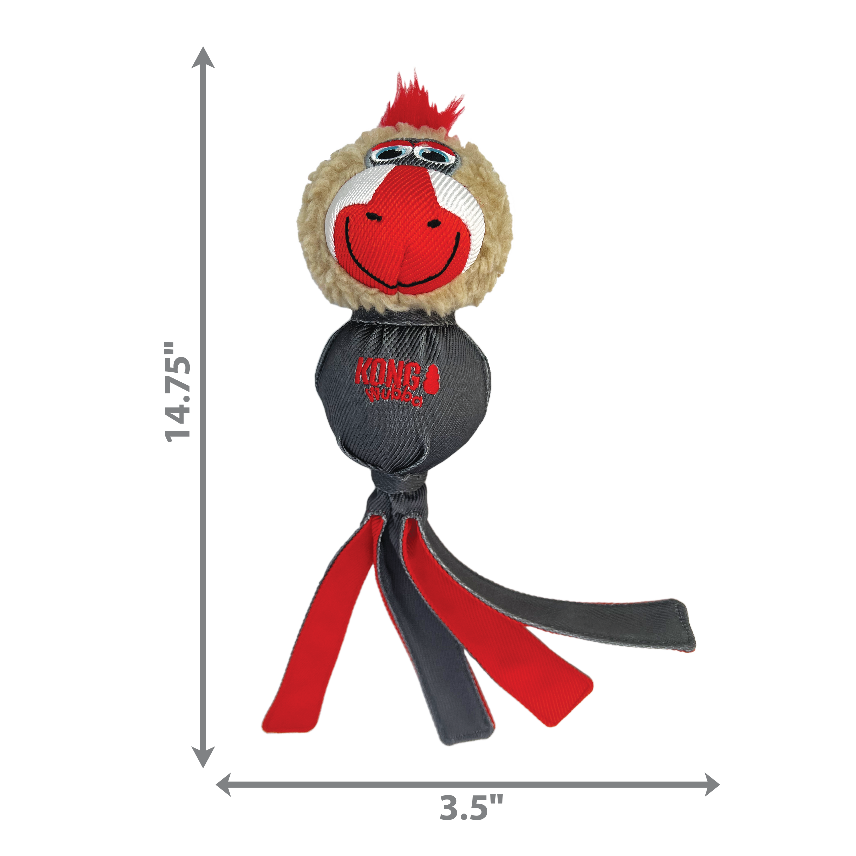 KONG Dog Toys Wubba Zoo Mandrill with dimensions marked