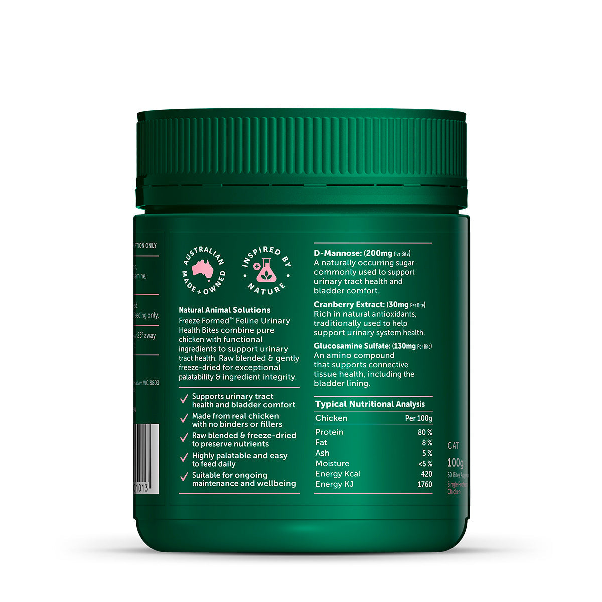Natural Animal Solutions Freeze Formed Cat Urinary Health Bites — ingredients panel, 100g pouch