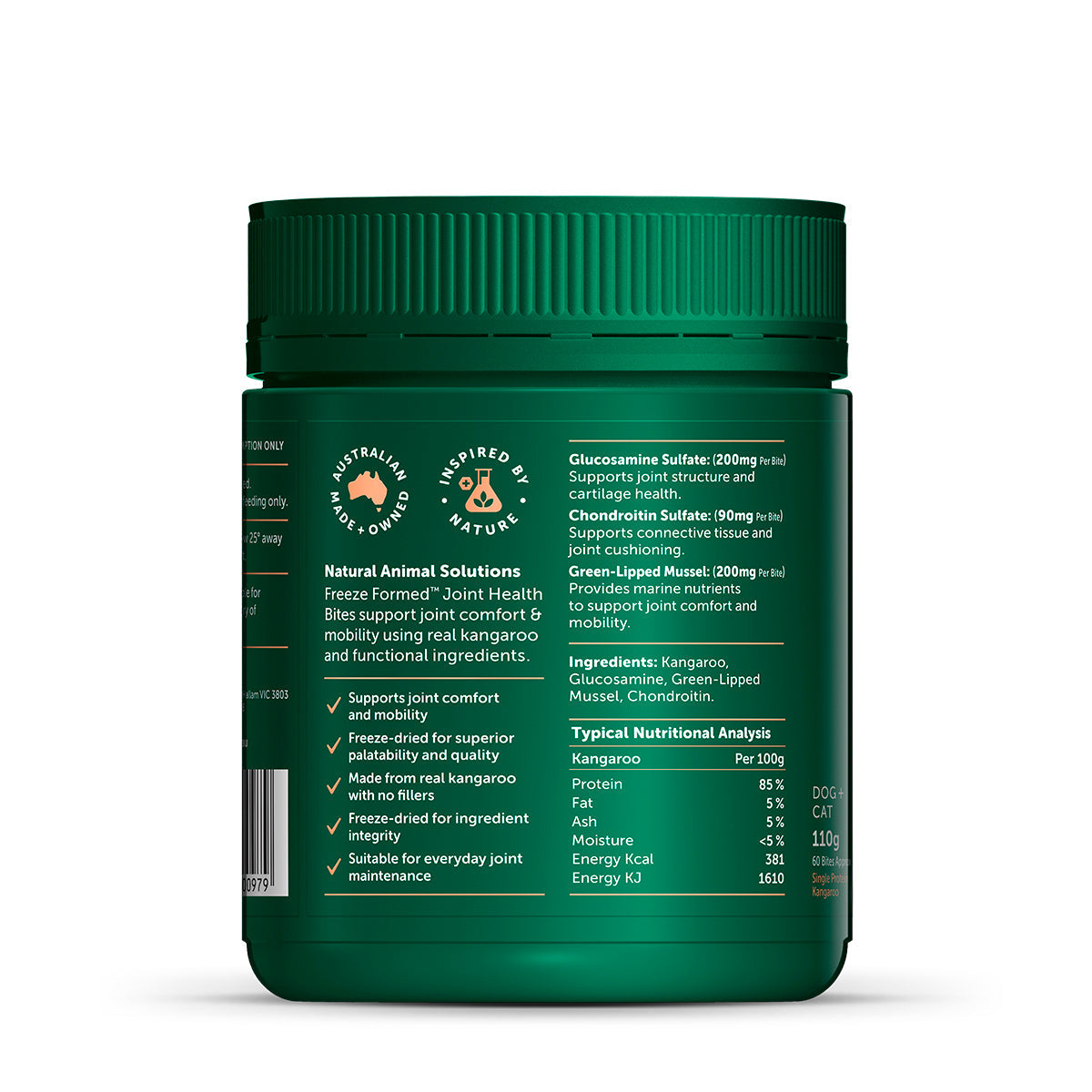 Natural Animal Solutions Freeze Formed Joint Health Bites — ingredients panel, 110g pouch