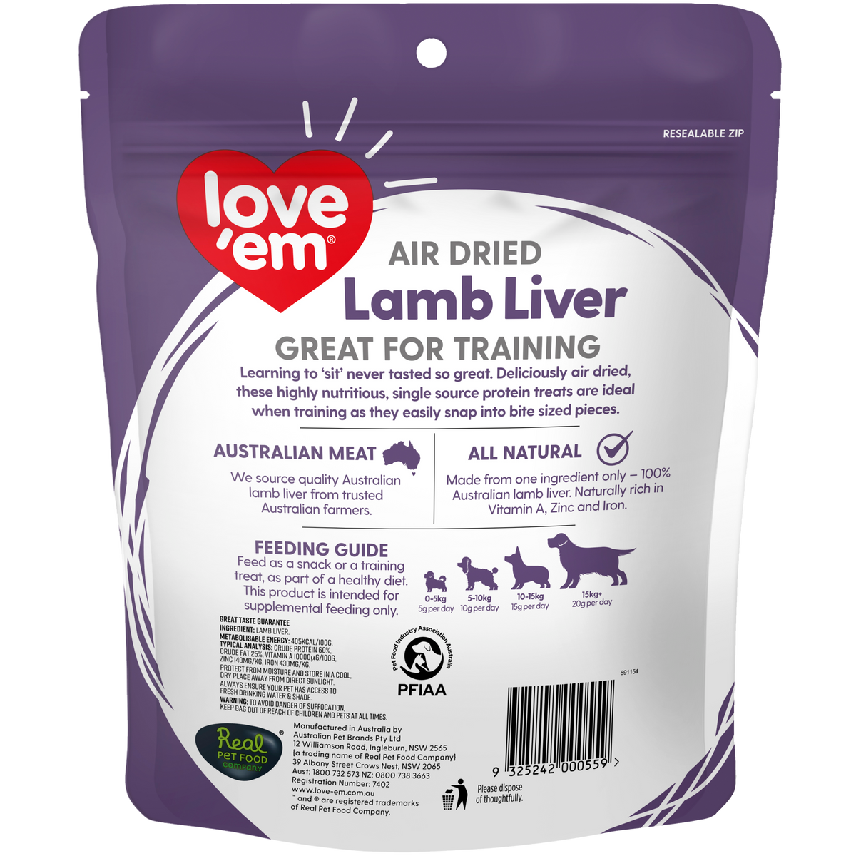 Love'em Air Dried Lamb Liver Dog Treats back of pack