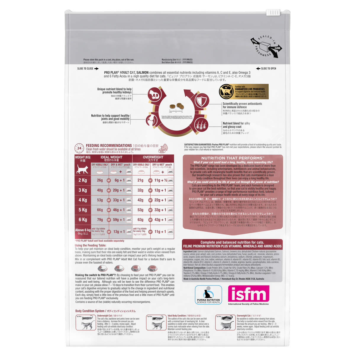 PRO PLAN Adult Salmon Formula bag back, with feeding tables, ingredients and the iSFM logo