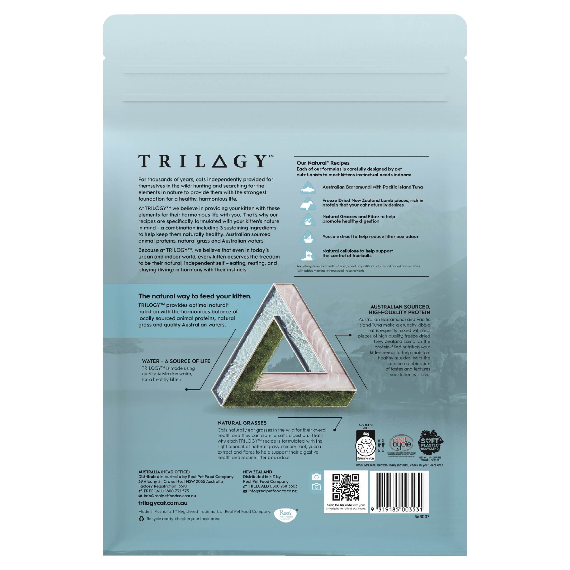 Trilogy Kitten Barramundi with Tuna bag, back panel with feeding information and barcode