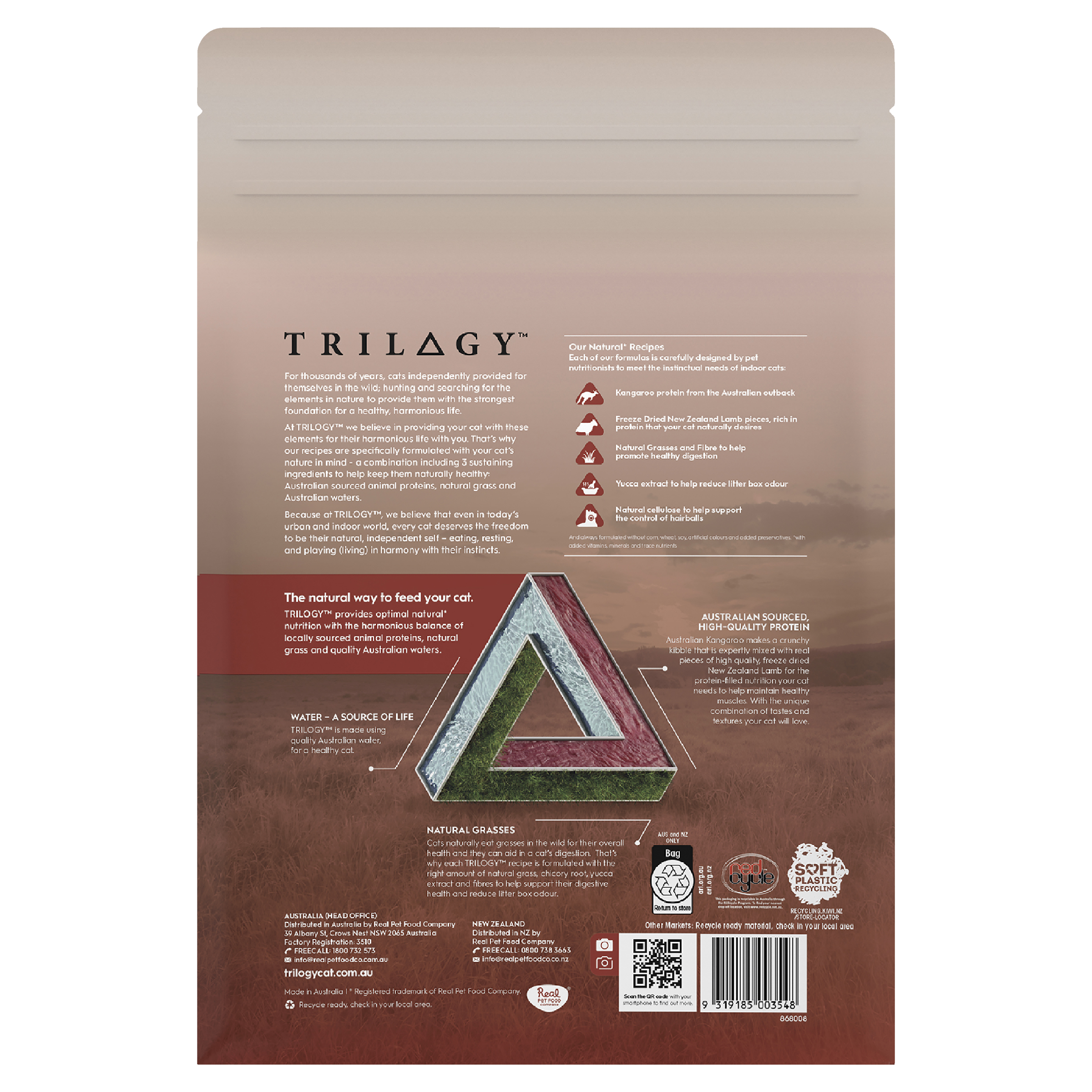 Trilogy Dry Adult Cat Food Australian Kangaroo + Freeze Dried Lamb back of pack