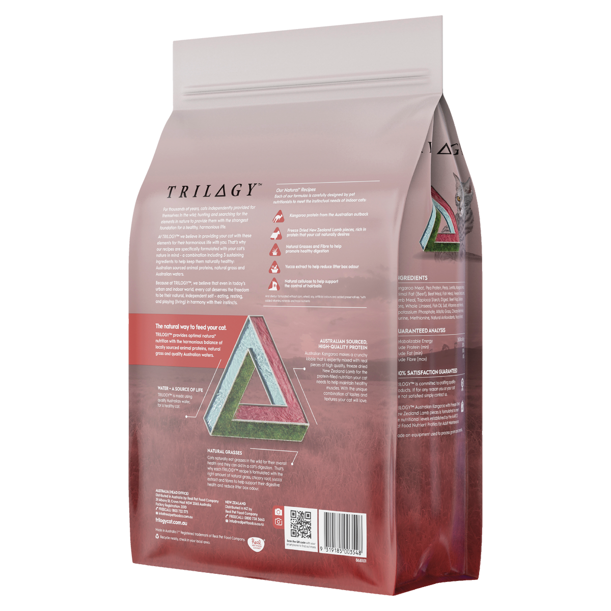 Trilogy Dry Adult Cat Food Australian Kangaroo + Freeze Dried Lamb left side of pack