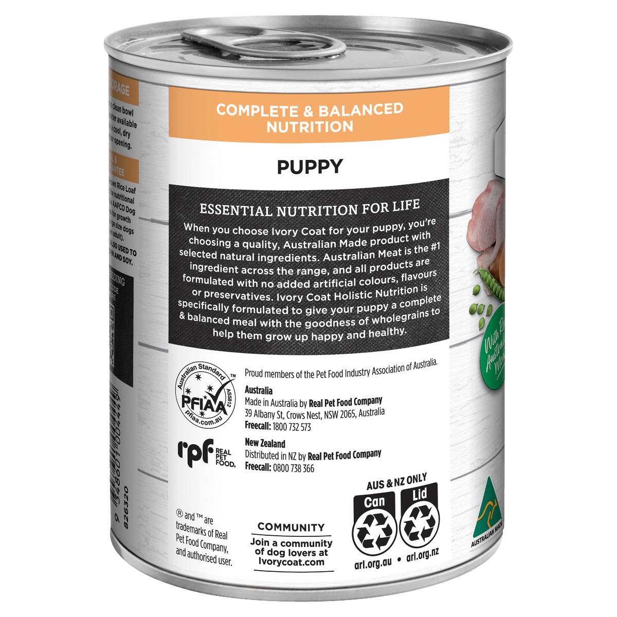 Back of the Ivory Coat Chicken and Brown Rice Loaf puppy 400g can