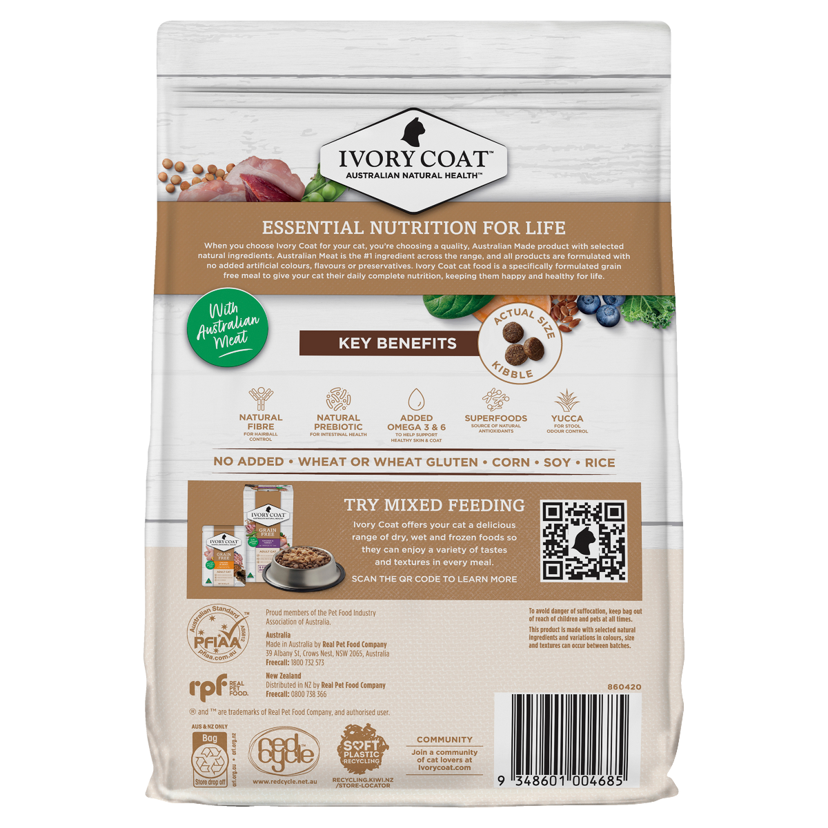 Back of the Ivory Coat Grain Free Chicken and Kangaroo dry cat food bag