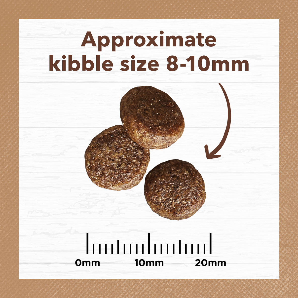 Ivory Coat cat kibble measured against a ruler, approximately 8 to 10mm across