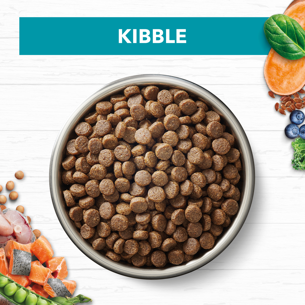 Ivory Coat Grain Free Ocean Fish and Salmon kibble in a bowl with raw ingredients