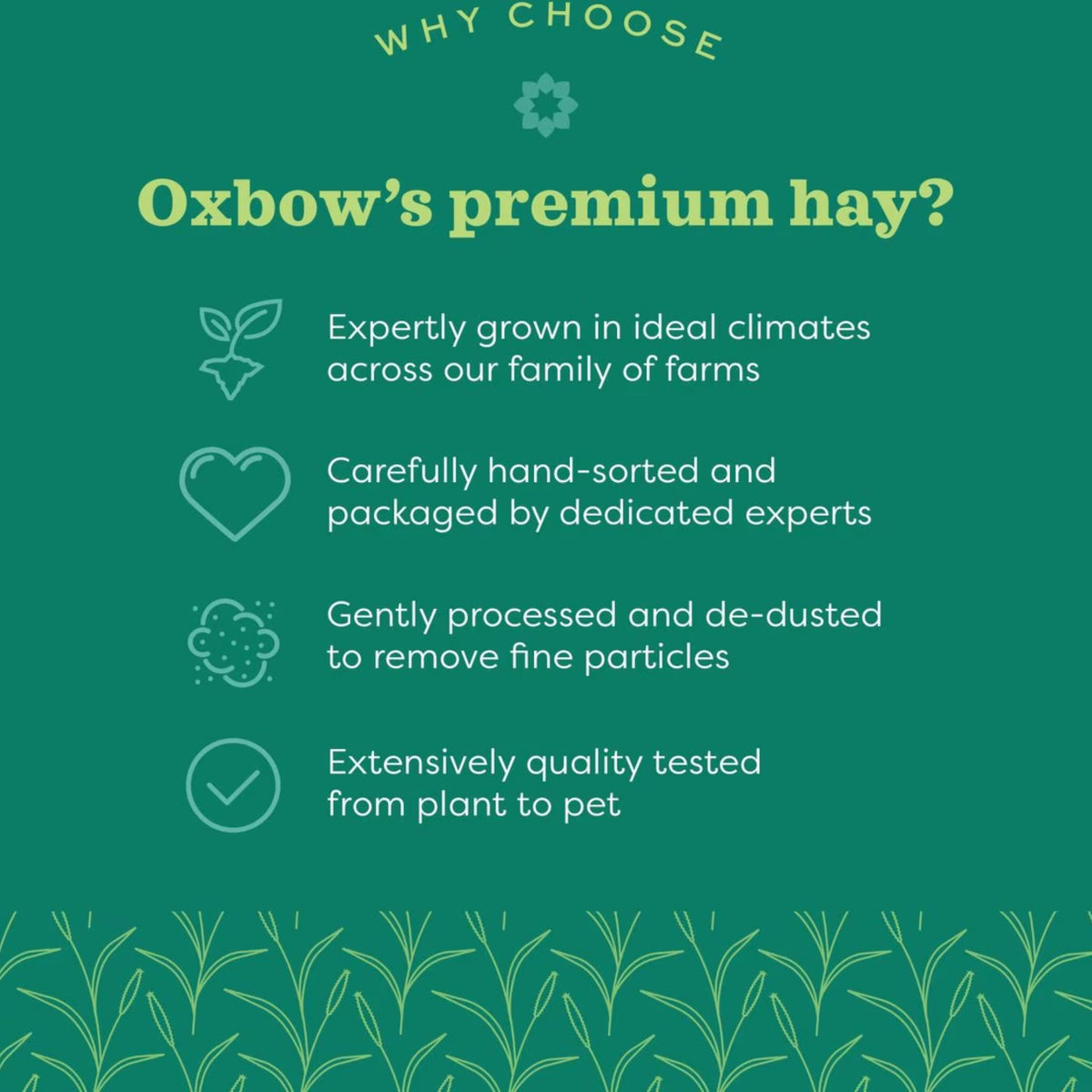 Oxbow brand graphic listing why to choose Oxbow premium hay