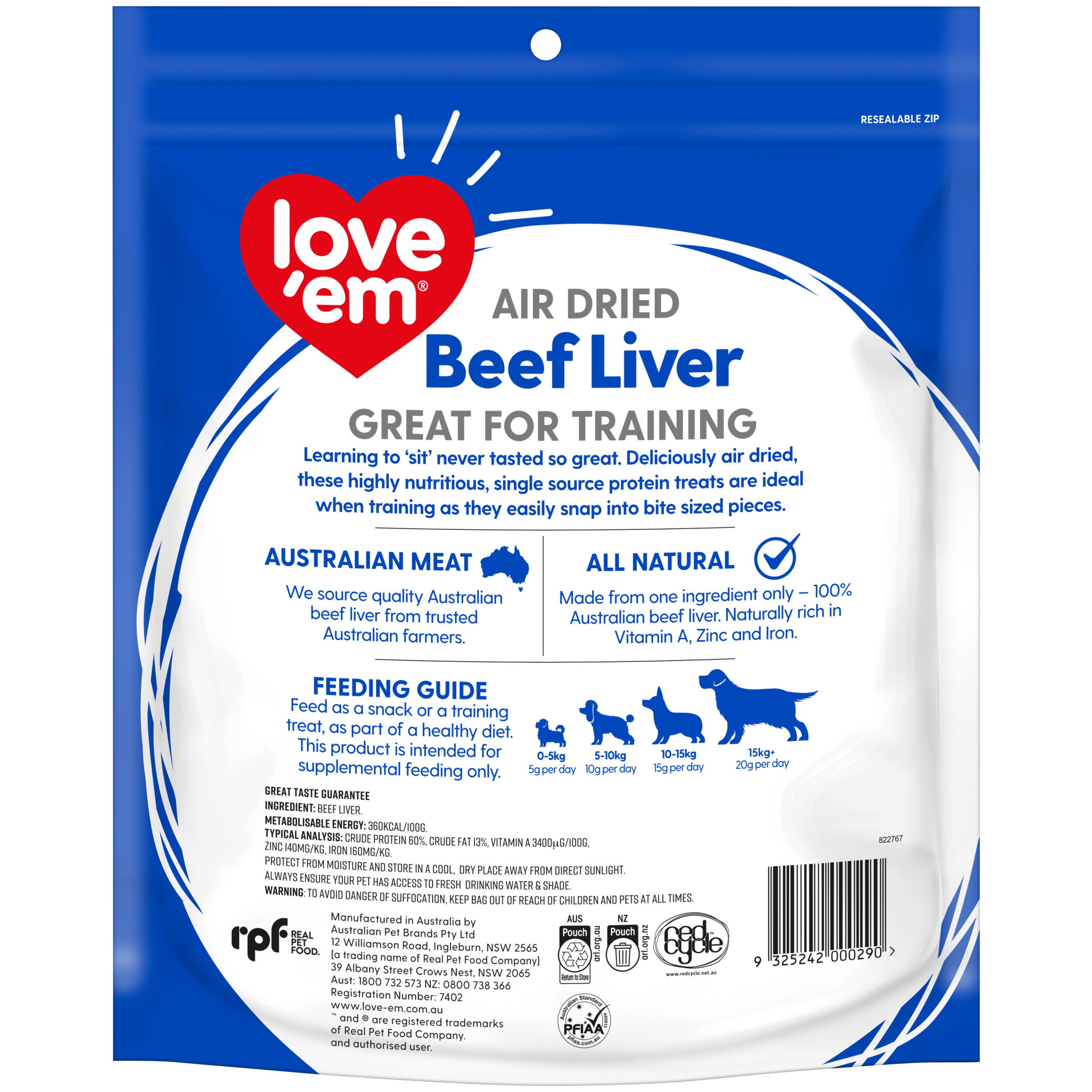 Love'em Air Dried Beef Liver Dog Treats back of pack