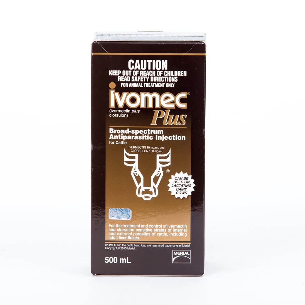Ivomec Plus Injection for Cattle 500 mL bottle, front label