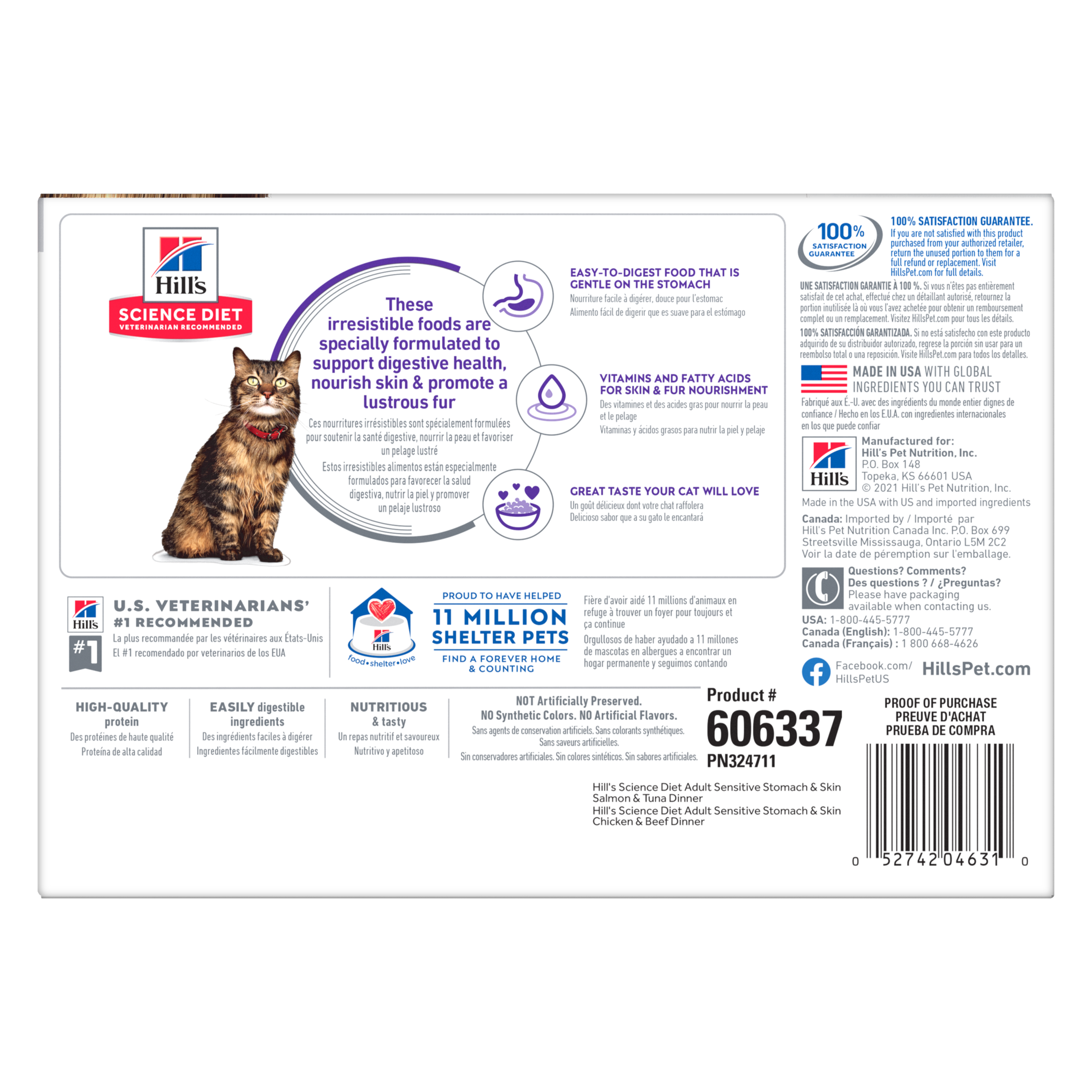 Back of the Hill's Adult Sensitive Stomach and Skin cat food variety pack box