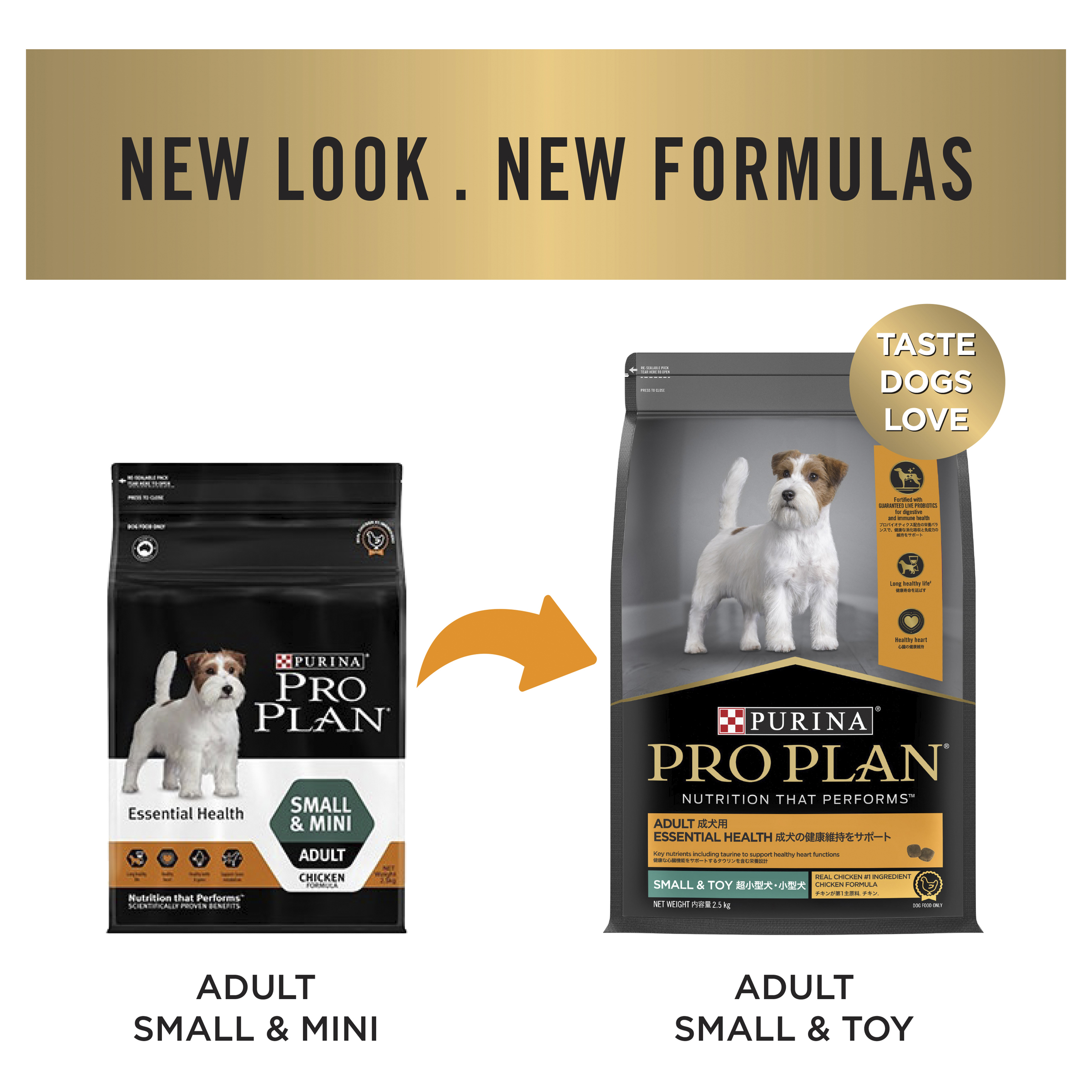 PRO PLAN new look and new formulas notice: the old Adult Small & Mini bag beside Adult Small & Toy