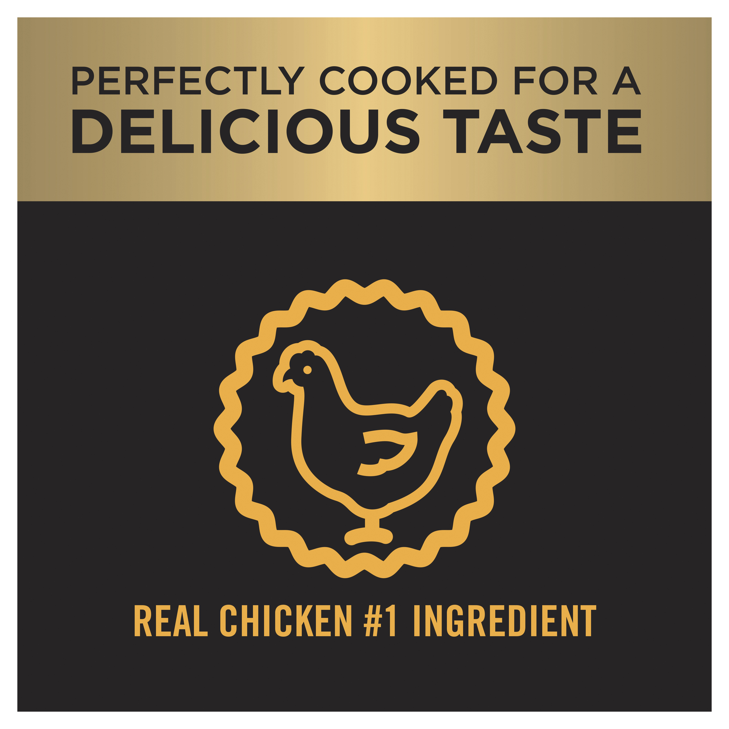 PRO PLAN chicken icon panel: real chicken as the number one ingredient, perfectly cooked for taste