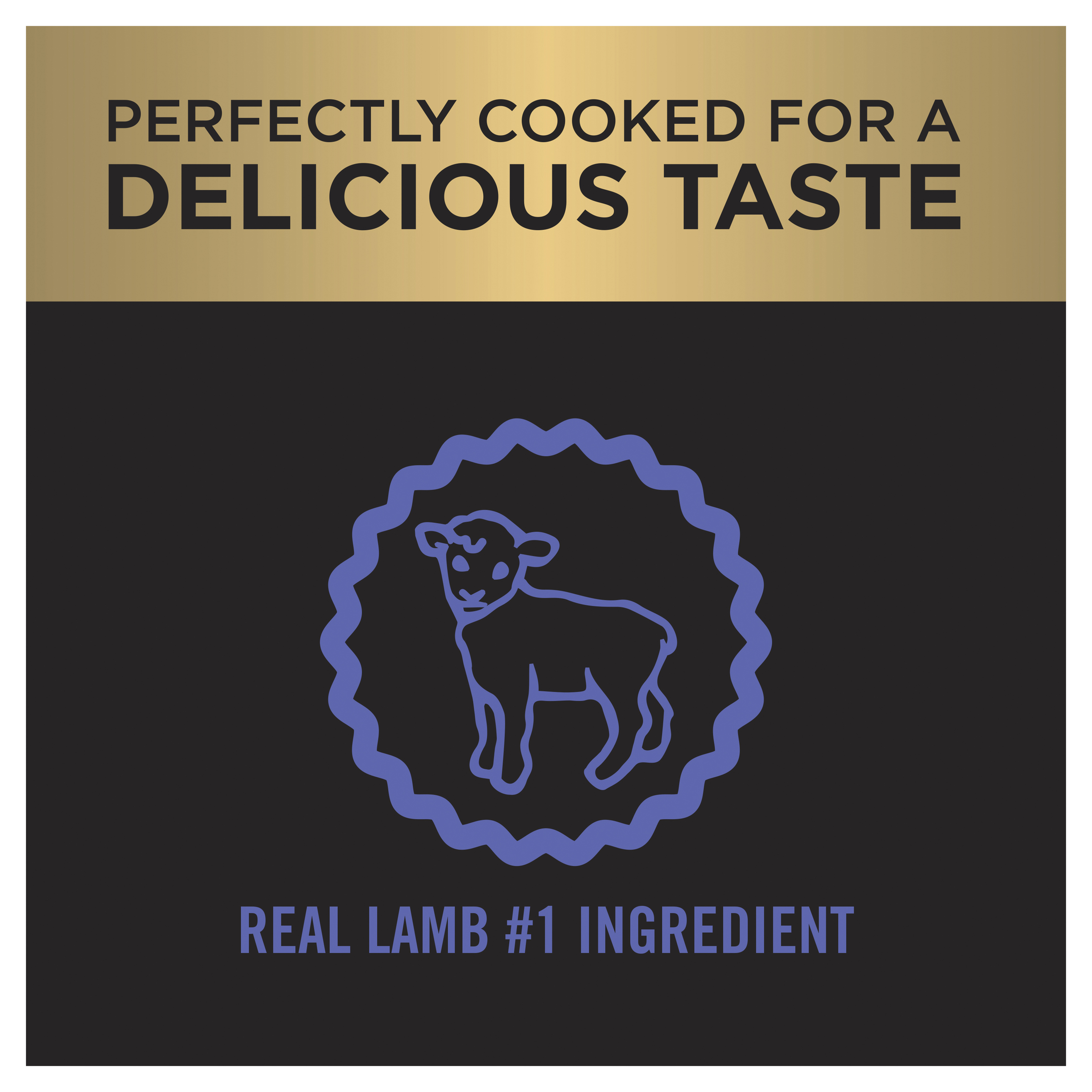 PRO PLAN lamb icon panel: real lamb as the number one ingredient, perfectly cooked for taste