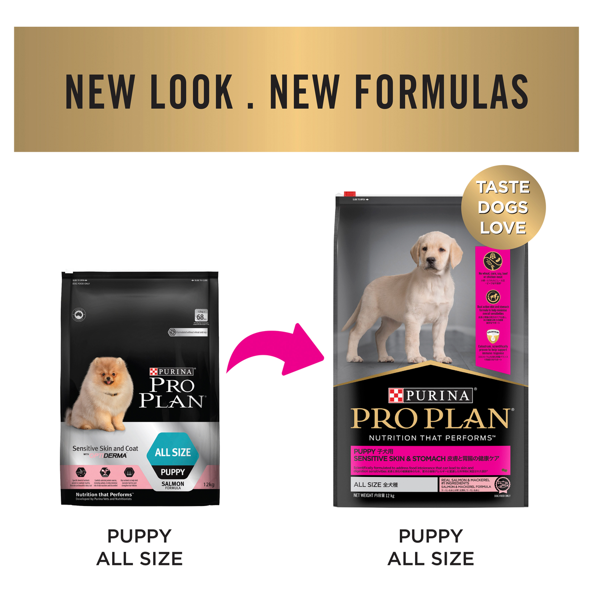 PRO PLAN new look and new formulas notice: the old Puppy All Size bag beside the new one