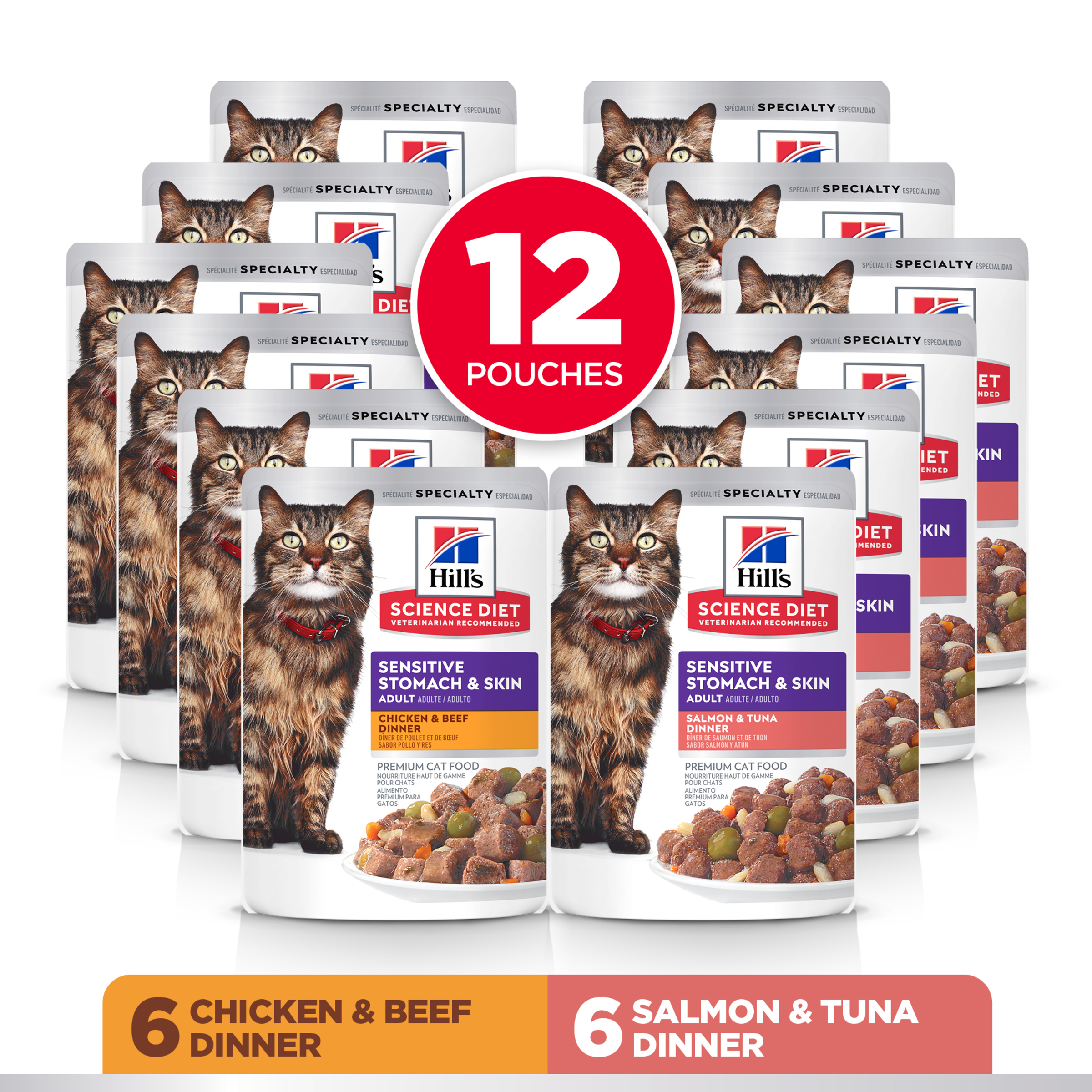 Twelve Hill's Sensitive Stomach and Skin pouches: six chicken and beef and six salmon and tuna