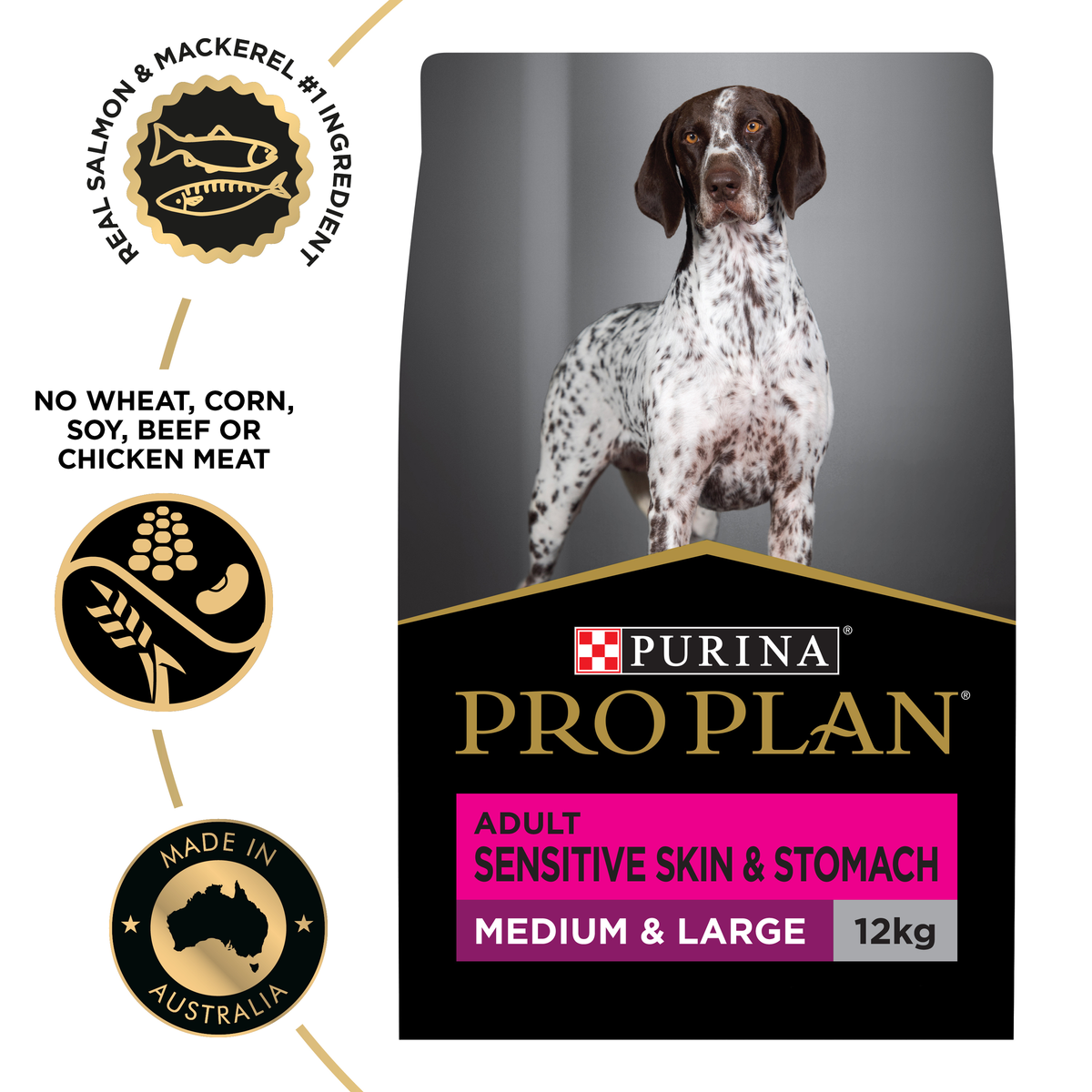 PRO PLAN Adult Sensitive Skin & Stomach Medium & Large 12kg bag beside the salmon and mackerel badges