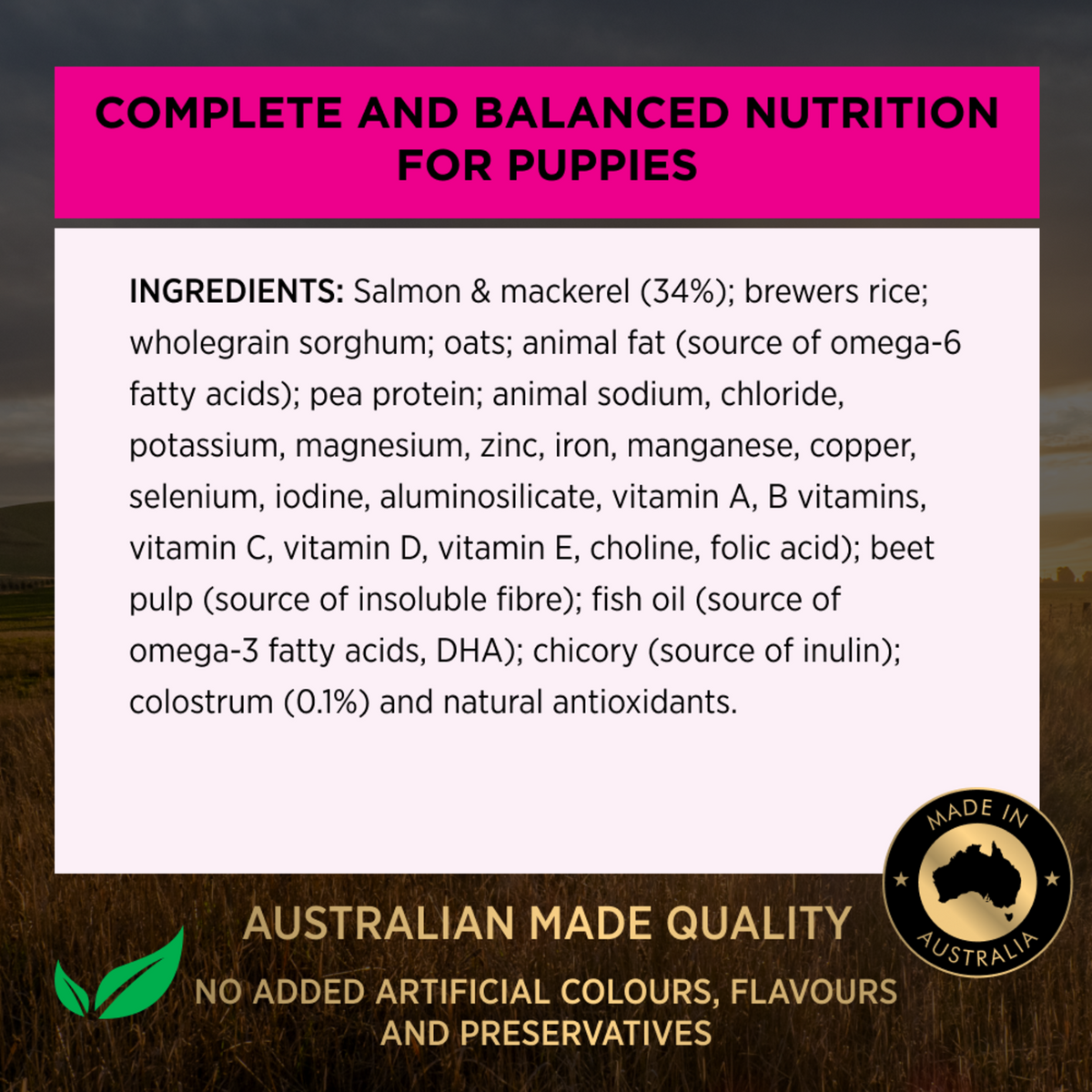 PRO PLAN Puppy Sensitive Skin & Stomach ingredients panel: salmon and mackerel at 34 per cent