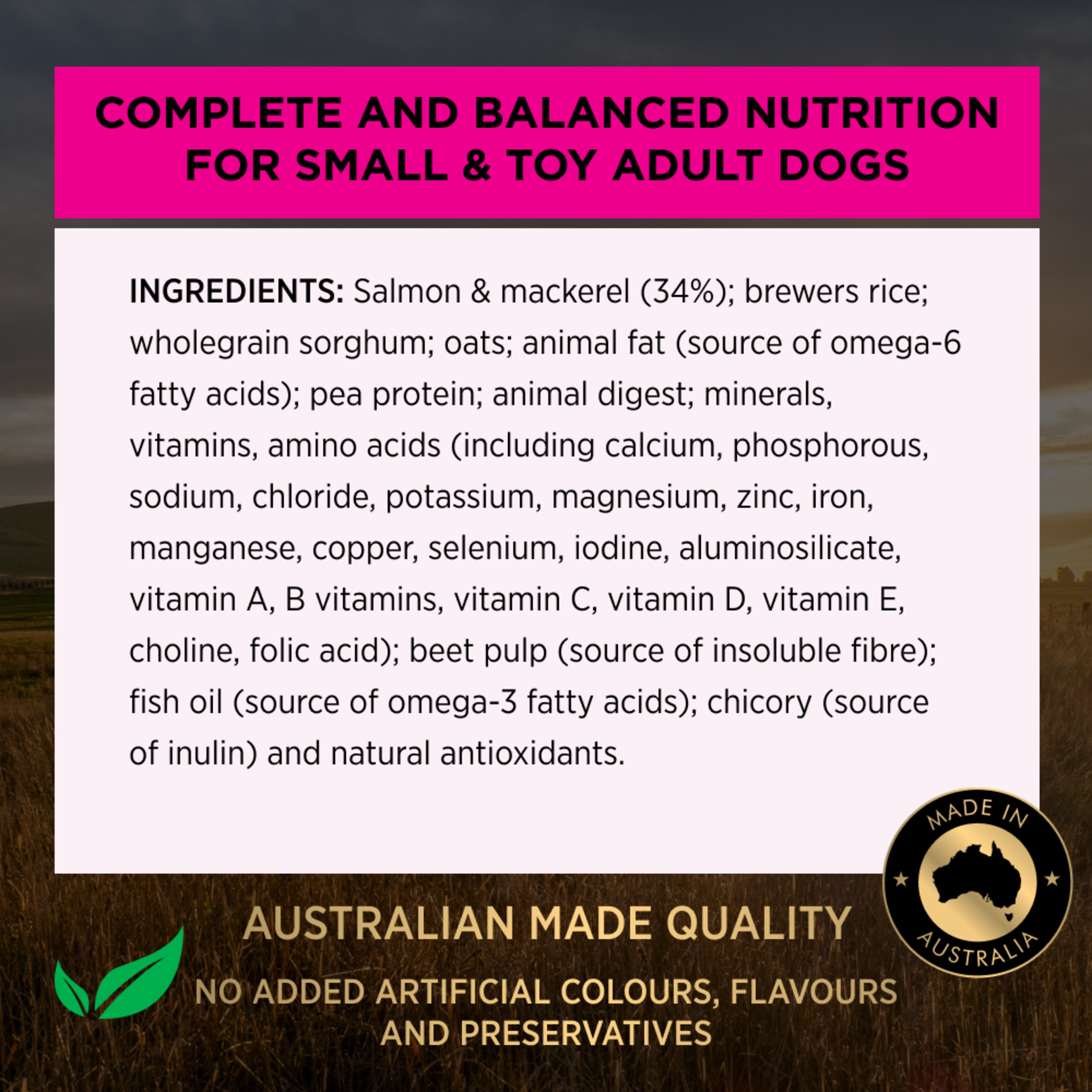 PRO PLAN Adult Sensitive Skin & Stomach Small & Toy ingredients panel: salmon and mackerel 34%