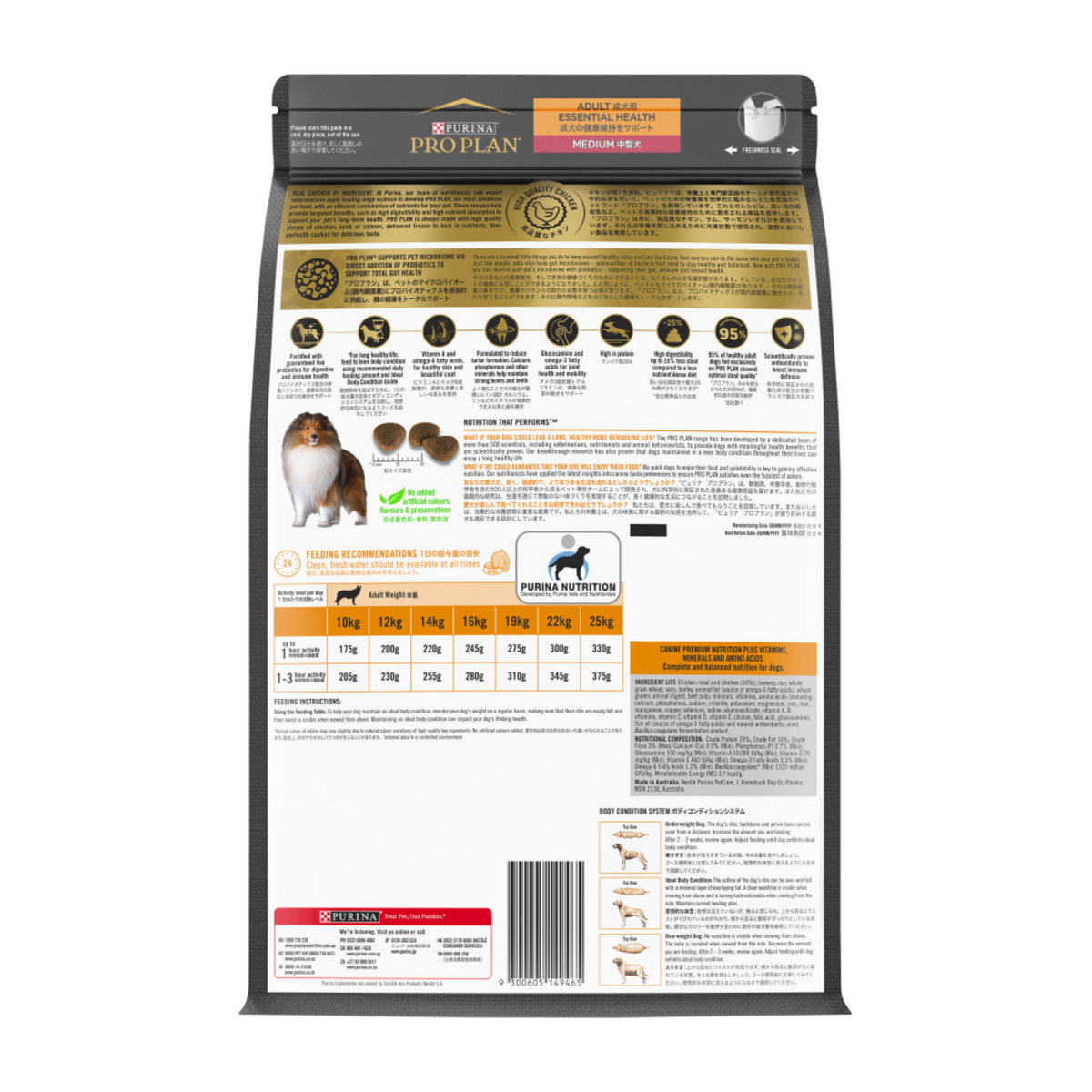 PRO PLAN Adult Medium Breed bag back, with the feeding tables and ingredients