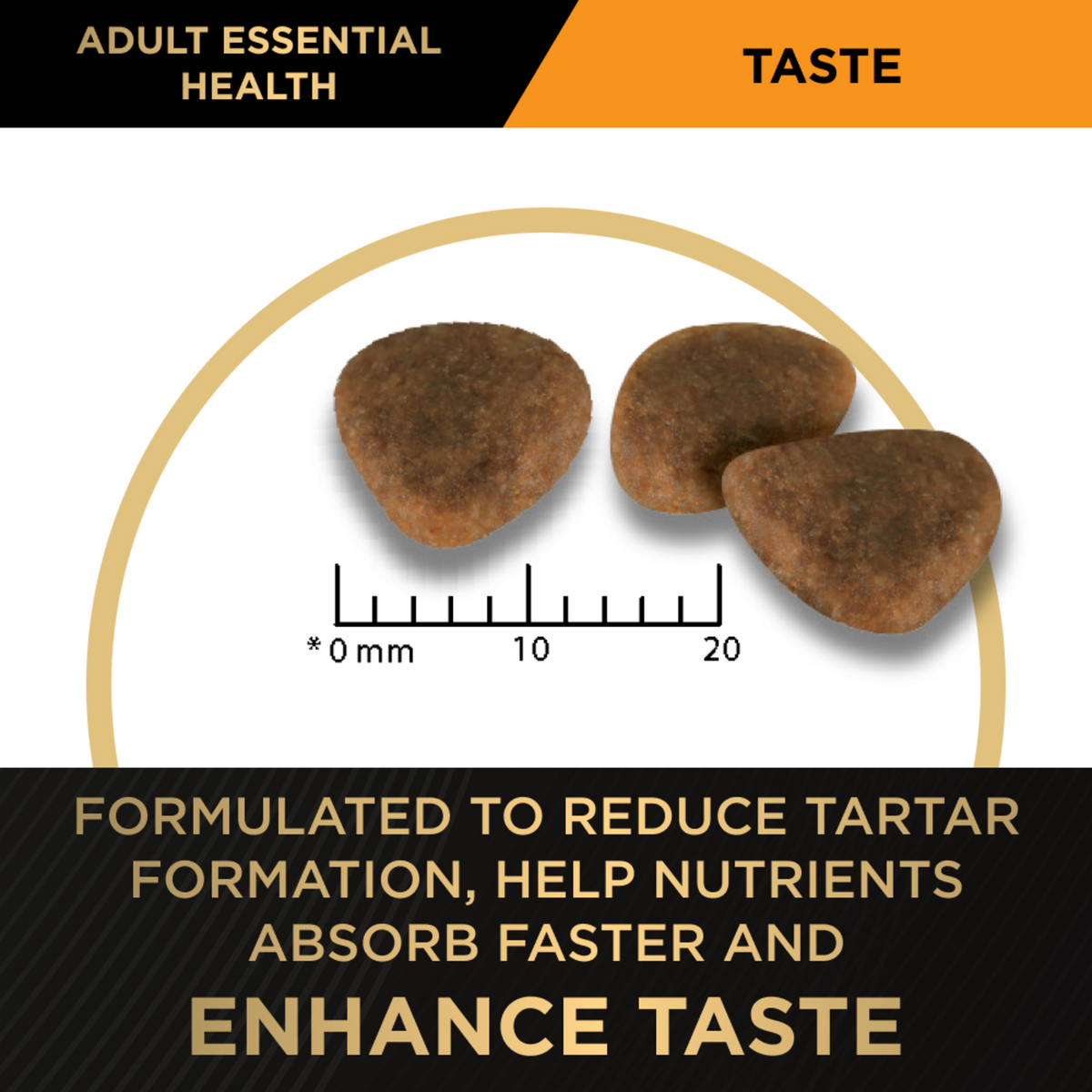 PRO PLAN Adult Medium kibble against a millimetre scale on the tartar and taste panel