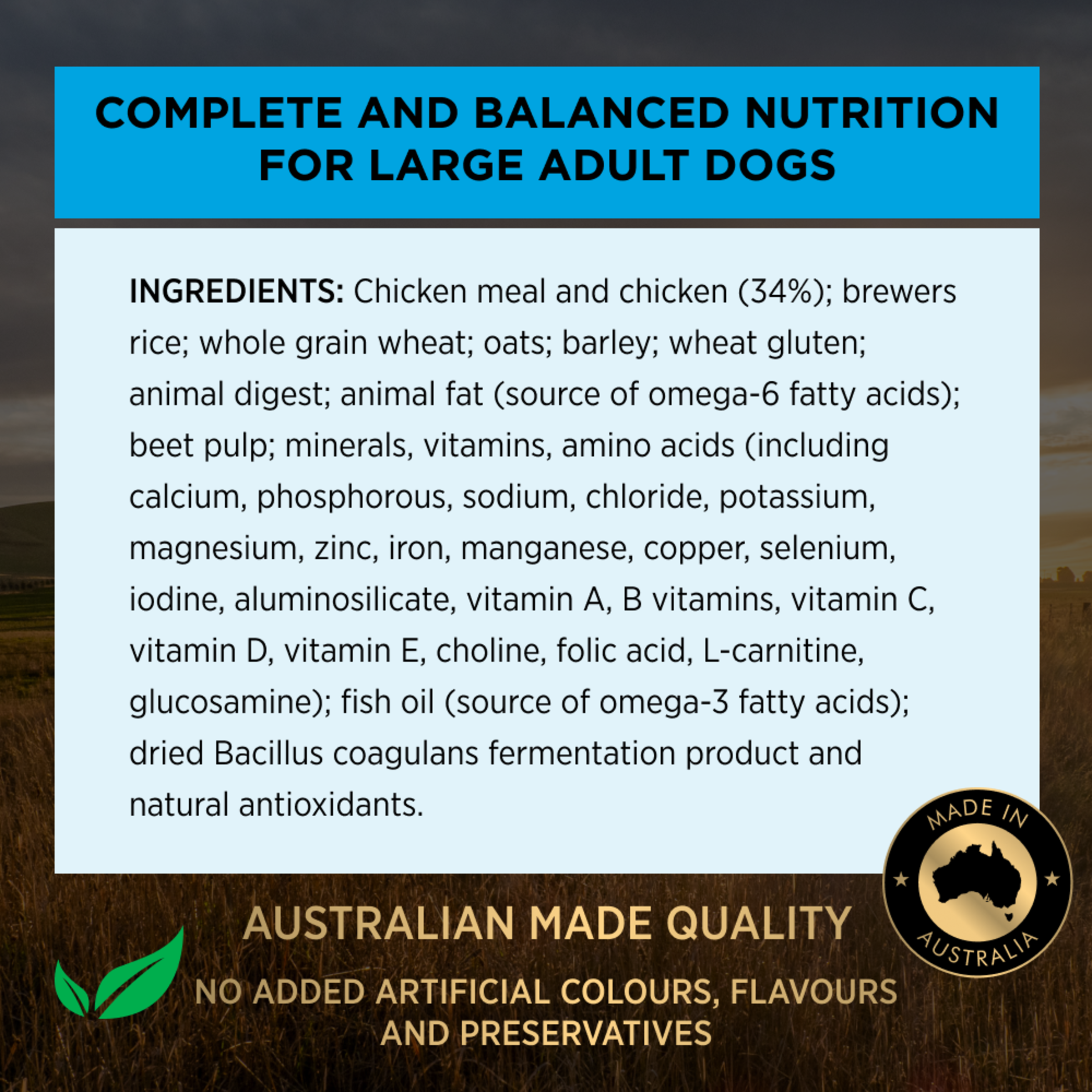 PRO PLAN Adult Large ingredients panel: complete and balanced nutrition for large adult dogs