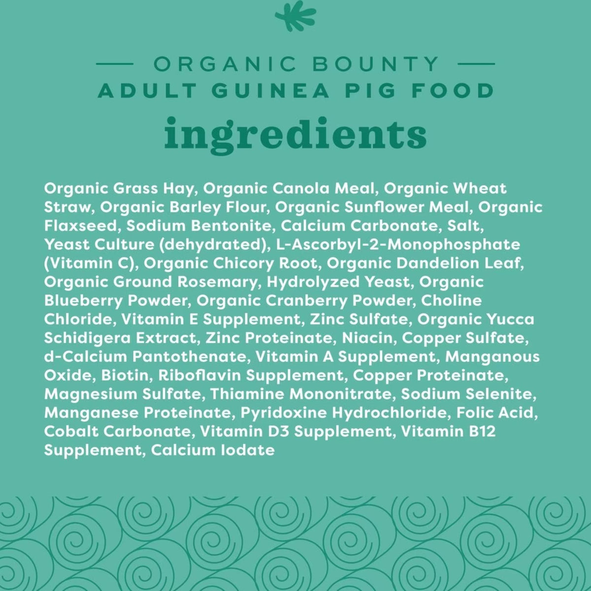 Oxbow Organic Bounty Adult Guinea Pig Food ingredients list panel