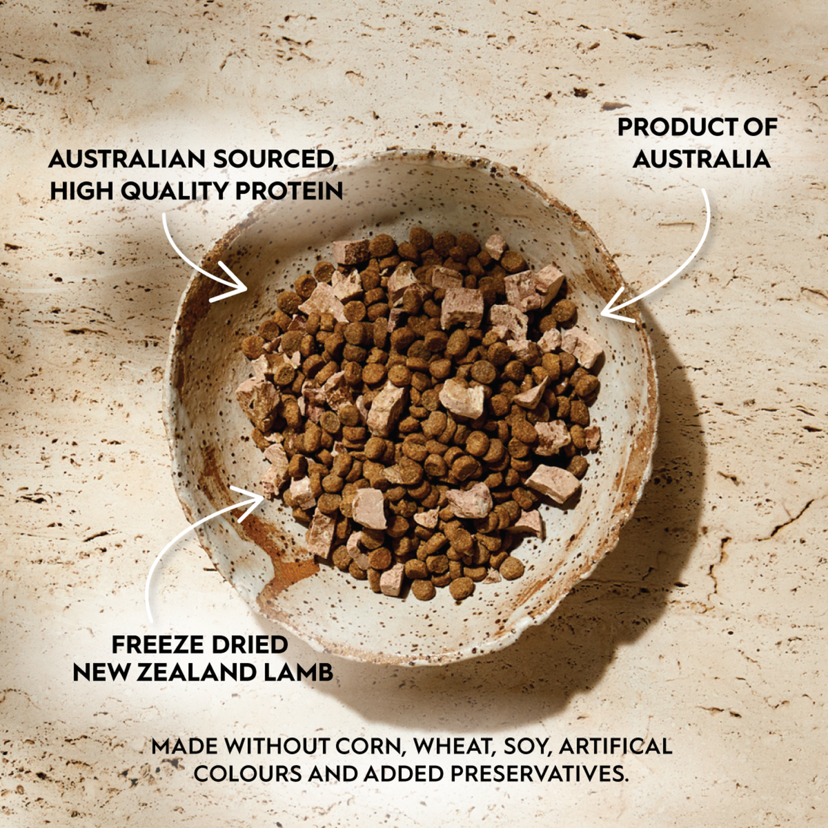 Bowl of Trilogy Beef kibble with freeze dried lamb, labelled Australian sourced protein