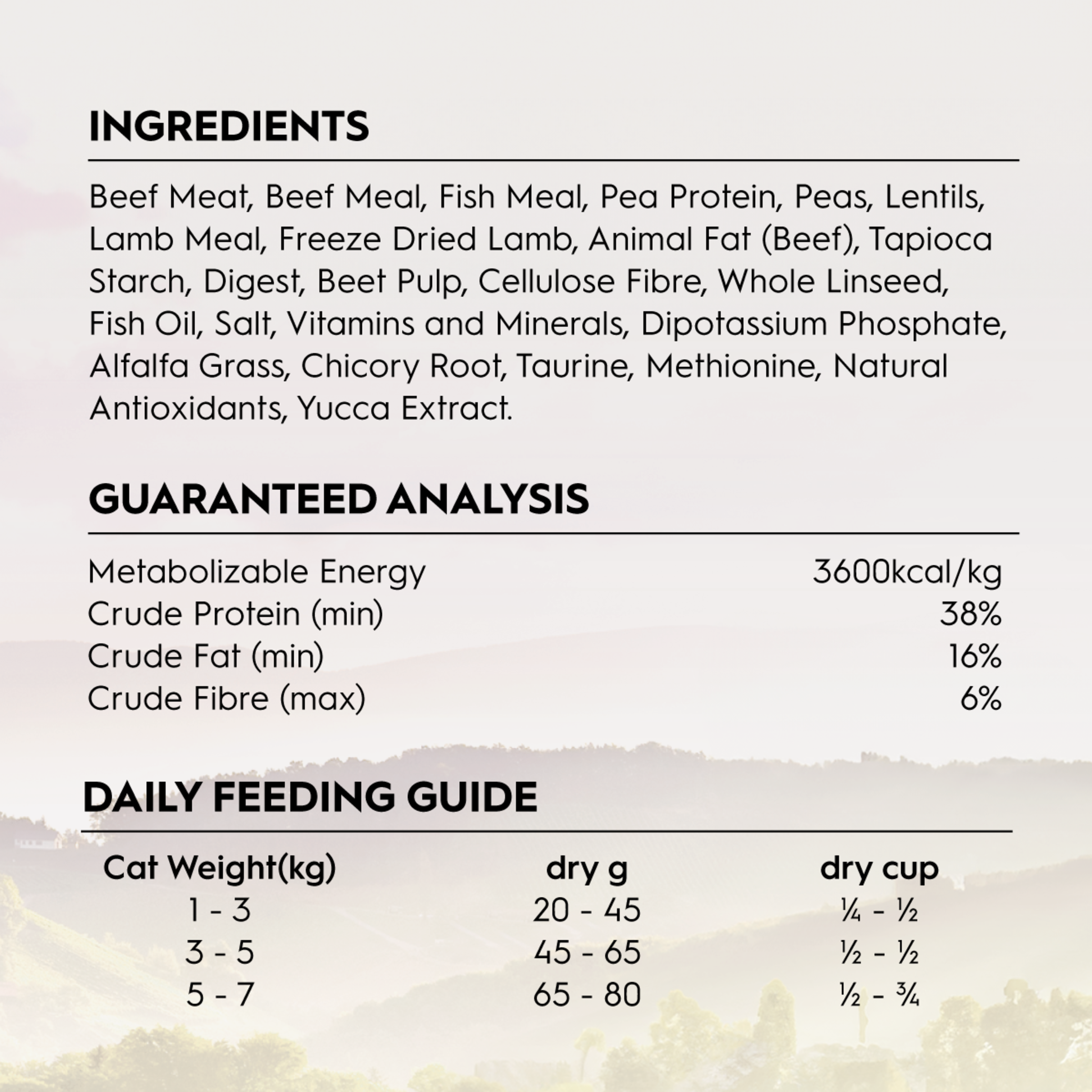 Trilogy Beef ingredients, guaranteed analysis and daily feeding guide panel