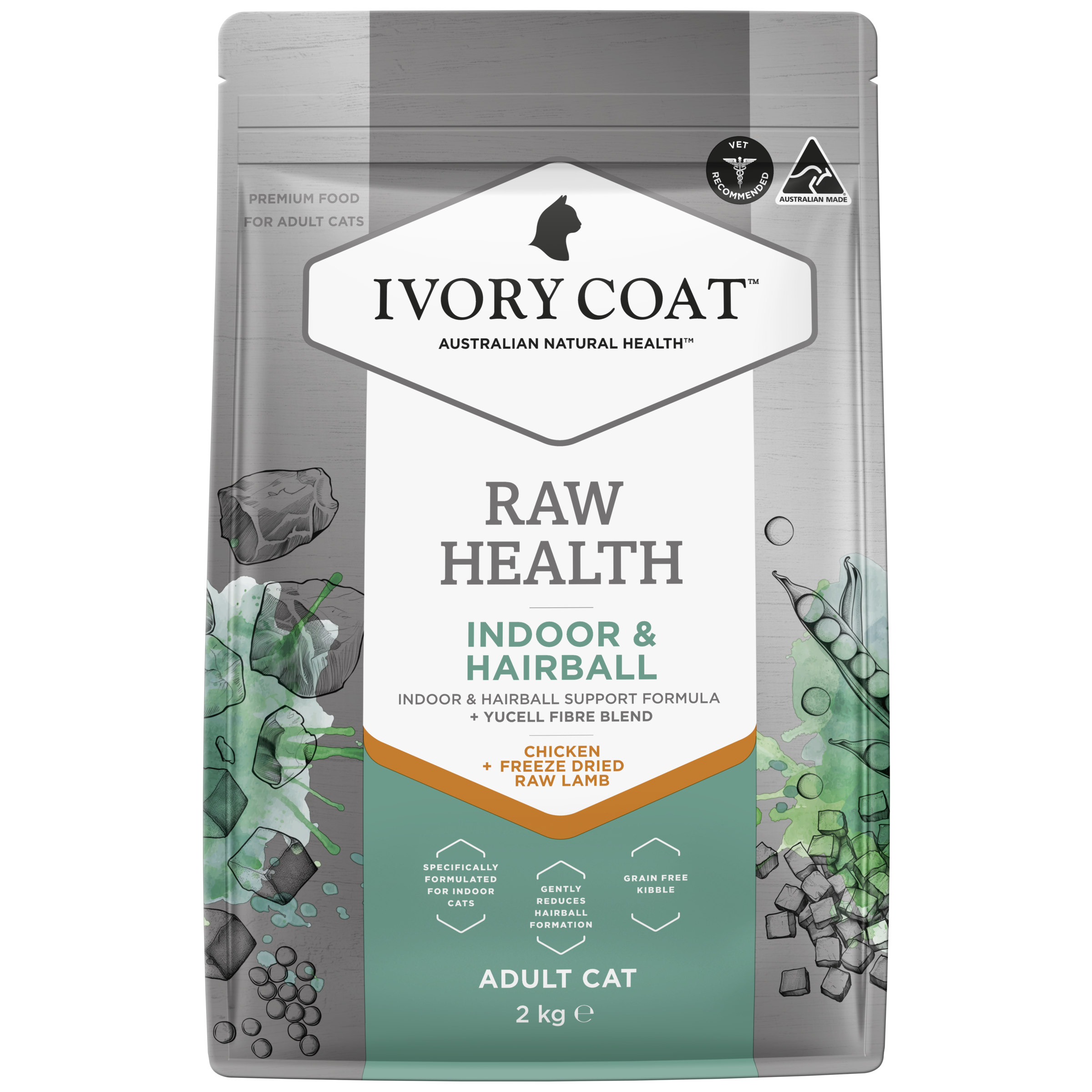 Ivory Coat Raw Health Adult Dry Cat Food Indoor & Hairball front of pack