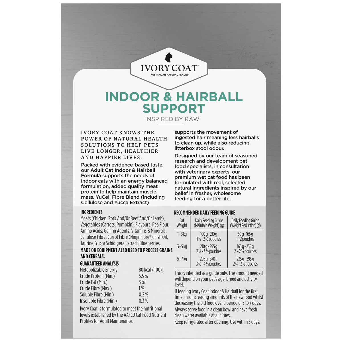 Back of the Ivory Coat Inspired By Raw Indoor and Hairball Support 12 x 85g carton
