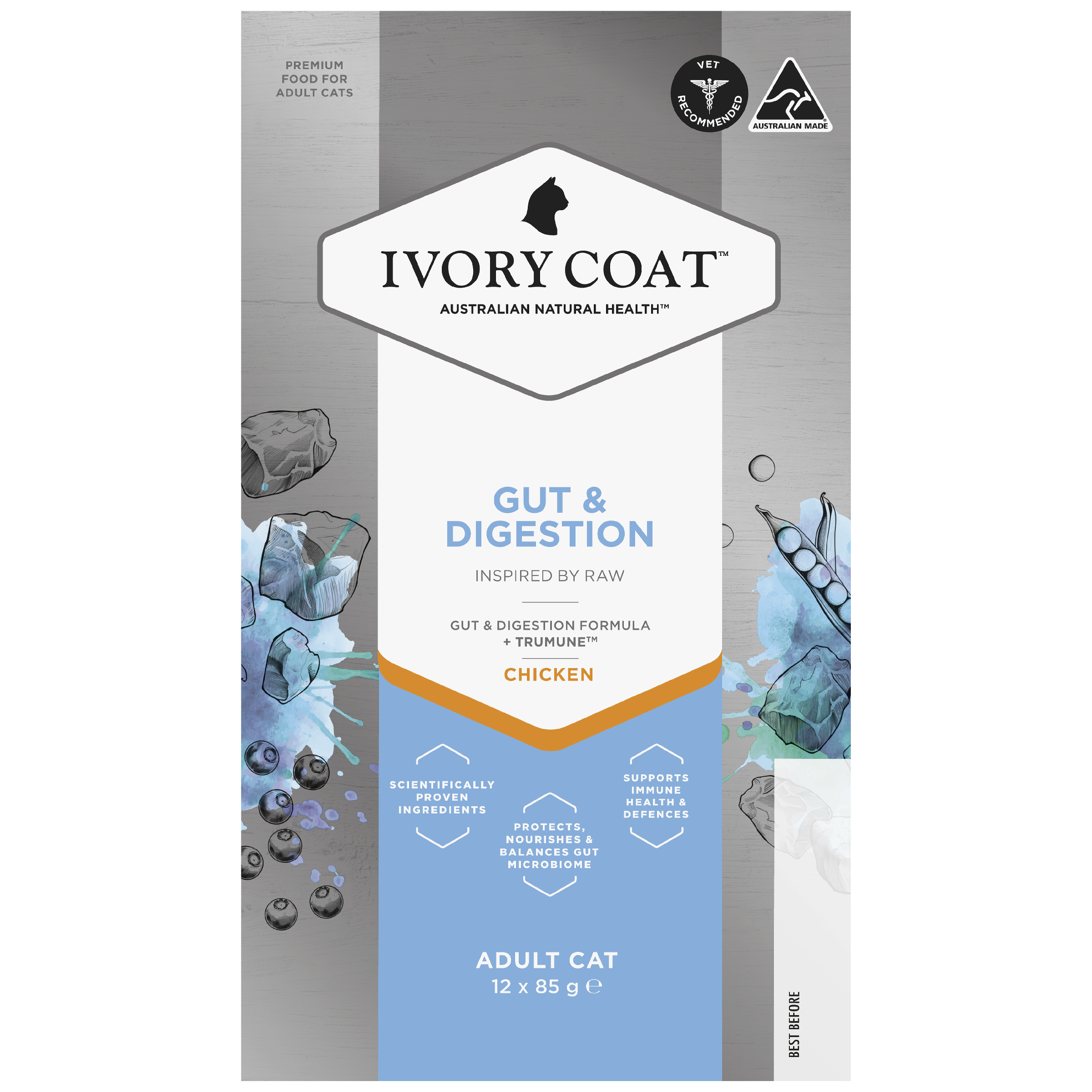 Ivory Coat Inspired By Raw Wet Cat Food Gut & Digestion top of pack