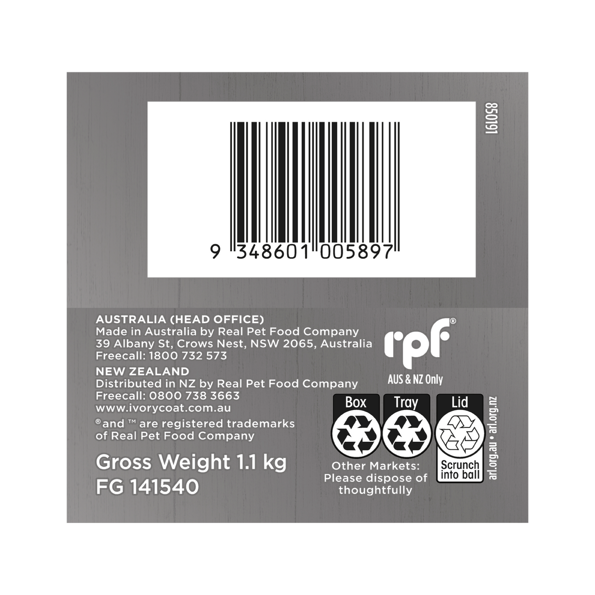 Top of the Ivory Coat Inspired By Raw Puppy Immunity carton with the barcode