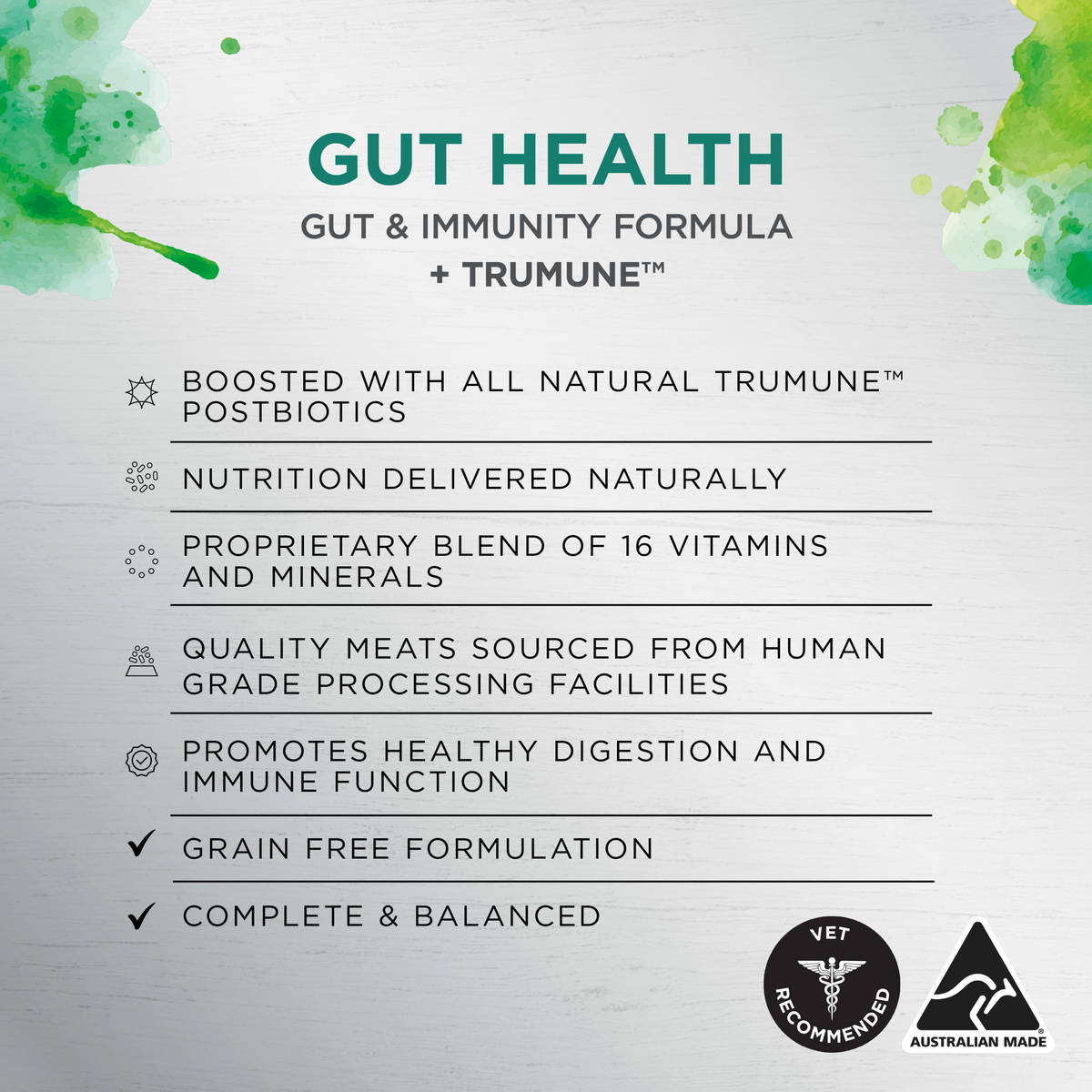 Ivory Coat Gut Health features: TruMune postbiotics, 16 vitamins and minerals, grain free