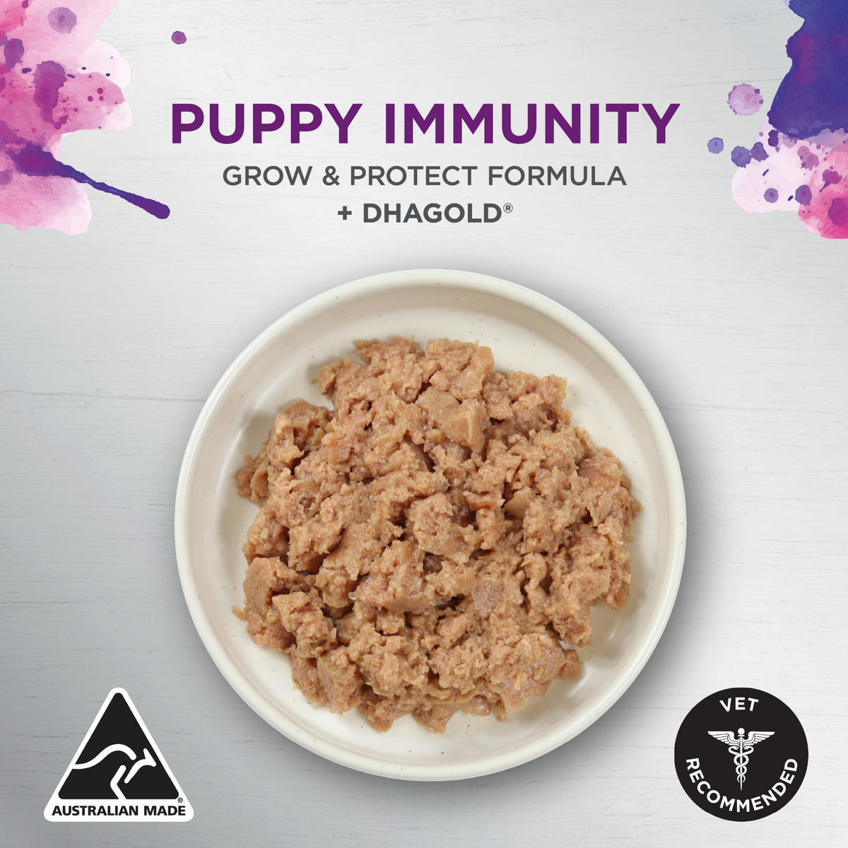 Ivory Coat Puppy Immunity wet food in a bowl, grow and protect formula with DHAgold
