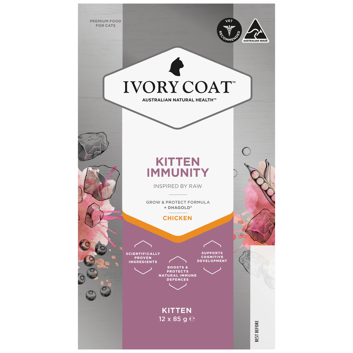 Top of the Ivory Coat Inspired By Raw Kitten Immunity Chicken carton