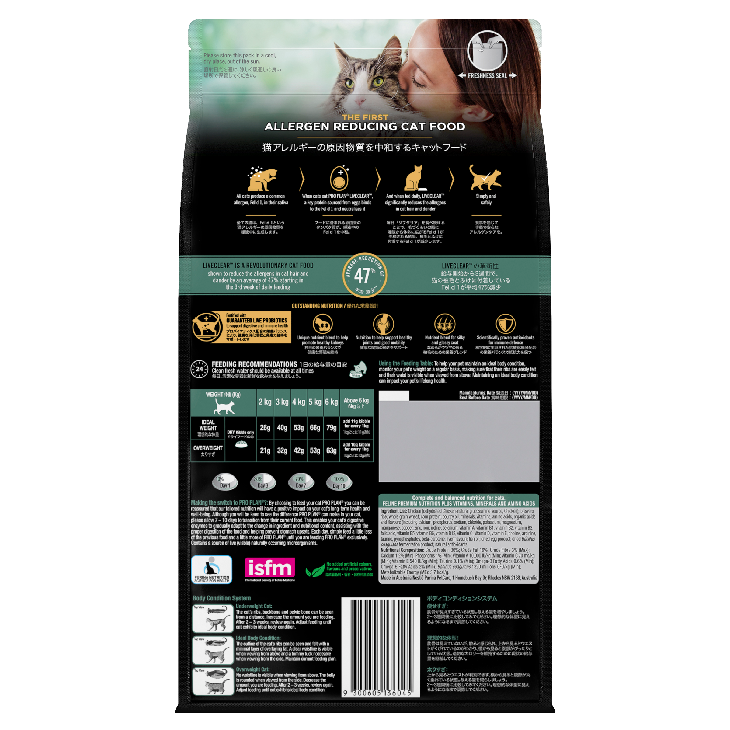 PRO PLAN LIVECLEAR Adult bag back, dark panel with the allergen-reducing icons and feeding table