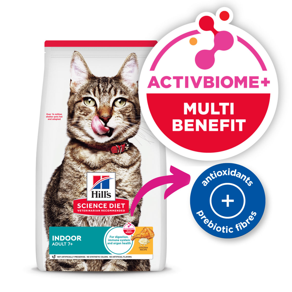 Hill's Science Diet Adult 7+ Indoor cat food bag with the ActivBiome+ Multi Benefit badge