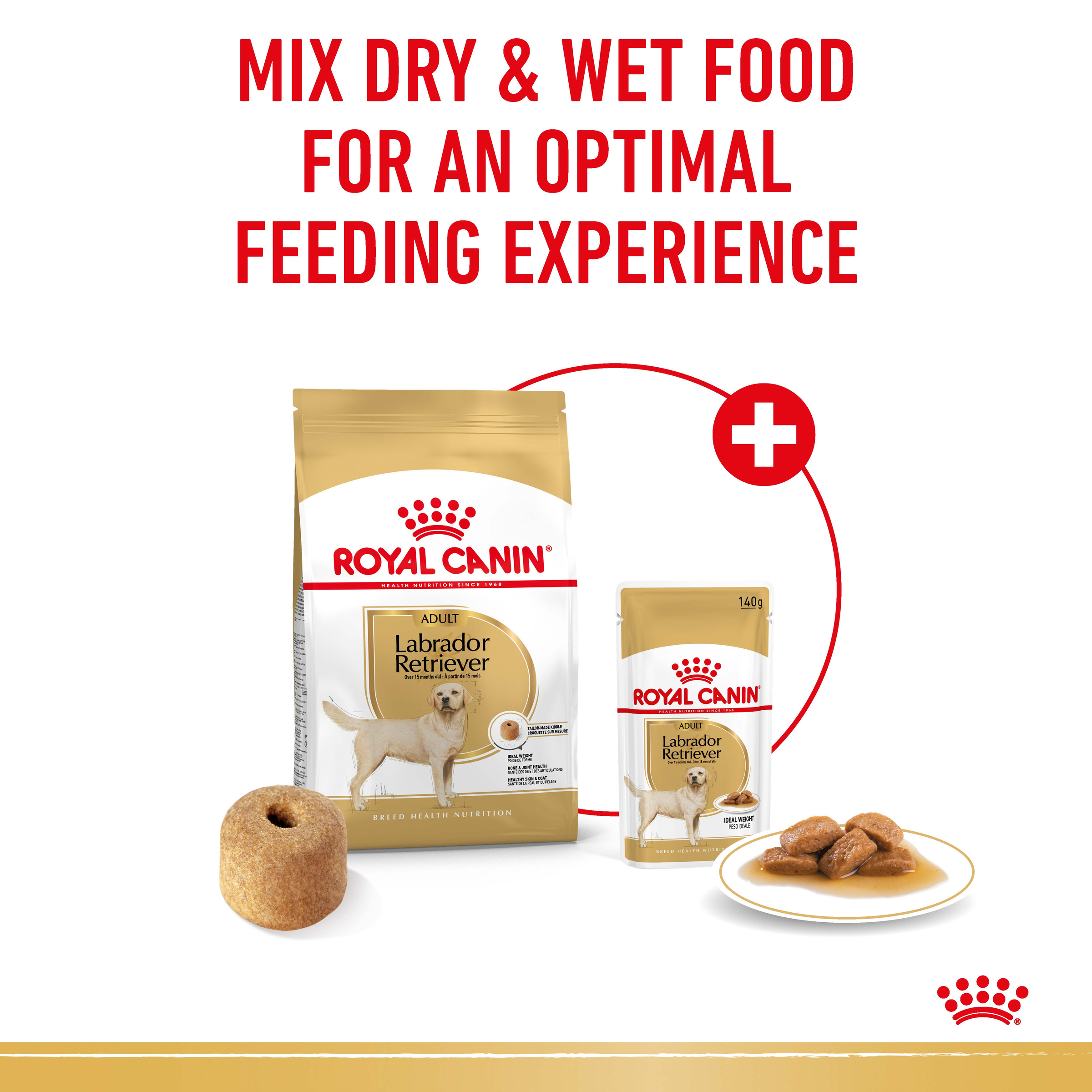 Royal Canin Labrador Retriever dry bag and wet pouch shown together for mixed feeding
