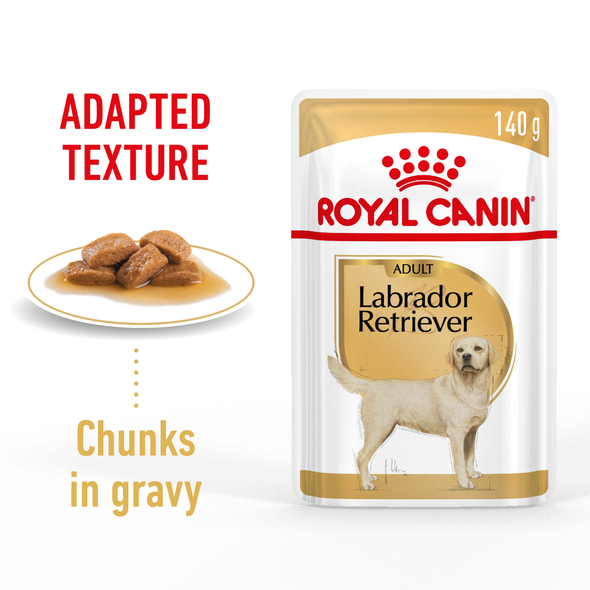 Royal Canin Labrador Retriever chunks in gravy on a plate beside a 140g pouch