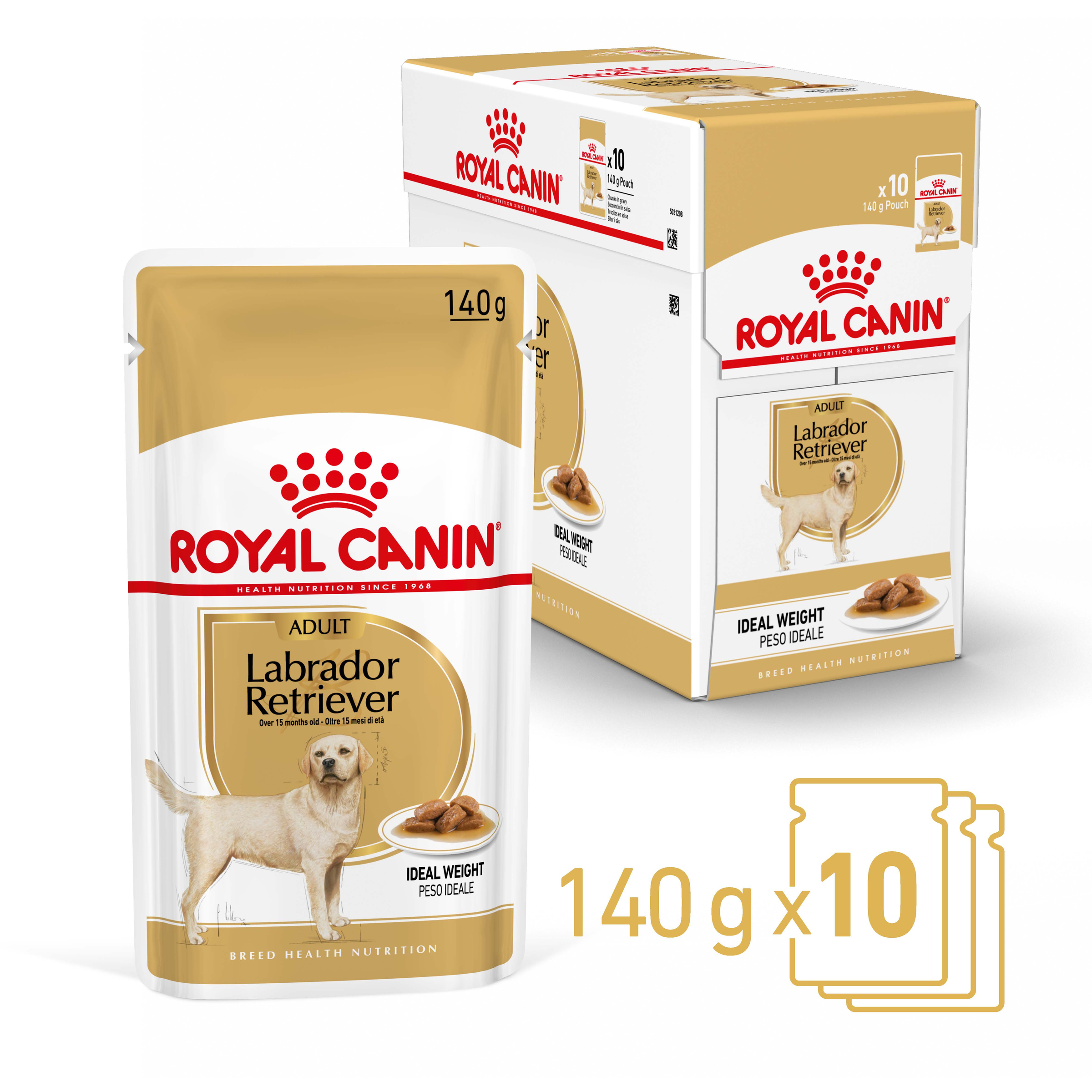 Royal Canin Labrador Retriever 140g x 10 wet food box with pouches alongside