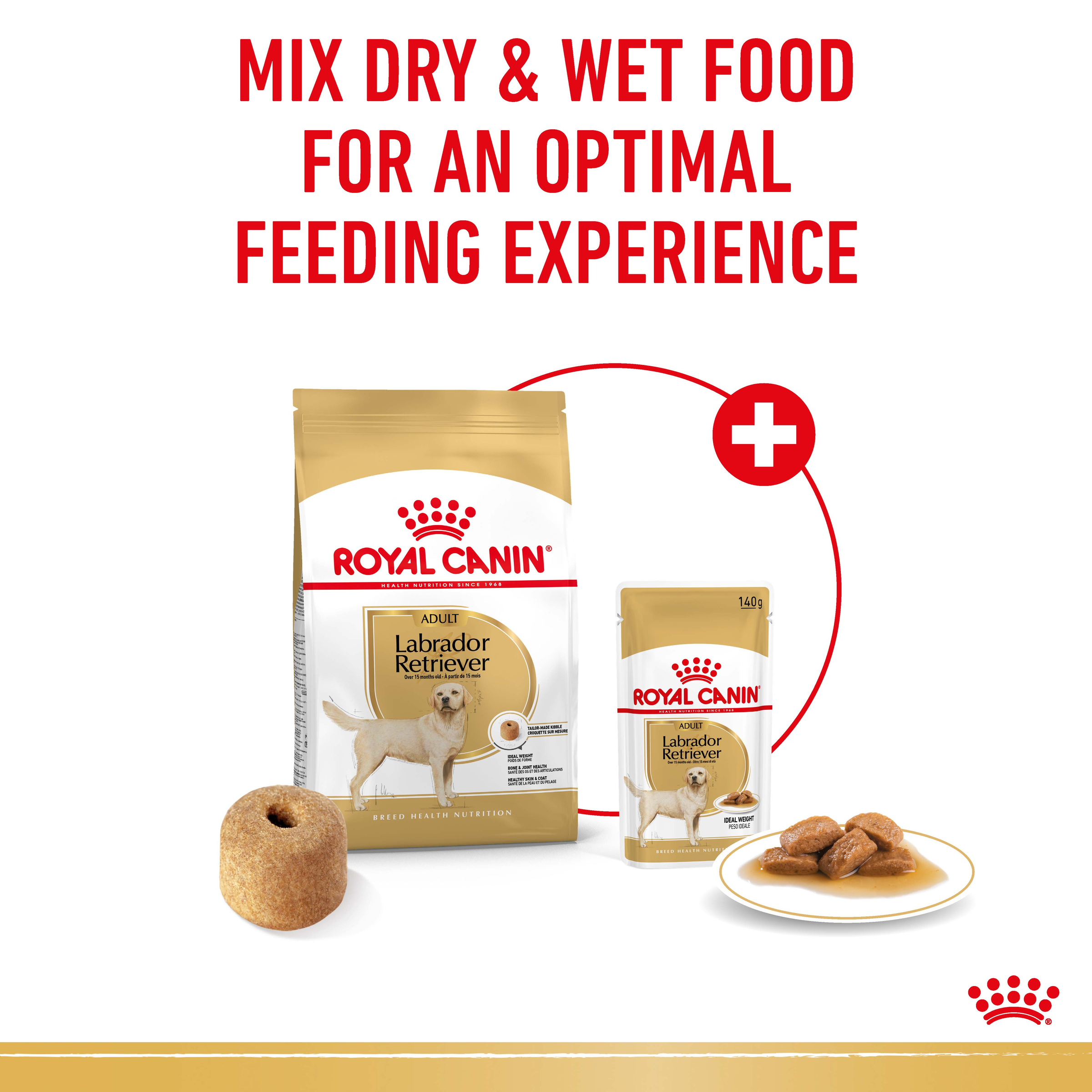 Royal Canin Labrador Retriever dry bag and wet pouch shown together for mixed feeding