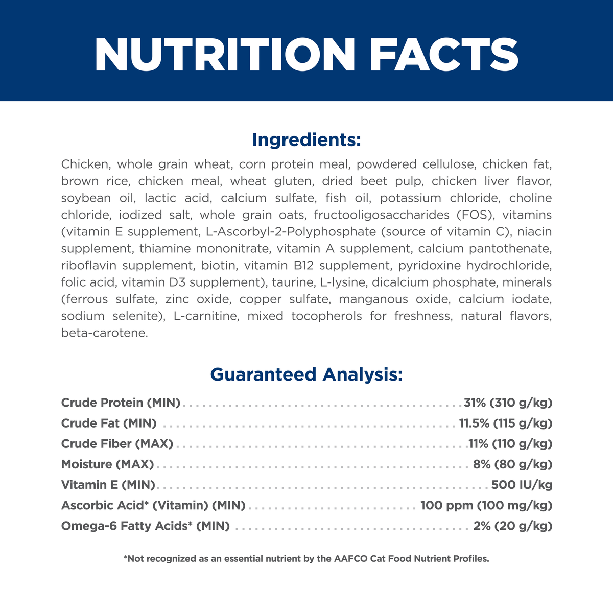Ingredients and guaranteed analysis panel for Hill's Science Diet Adult Indoor dry cat food