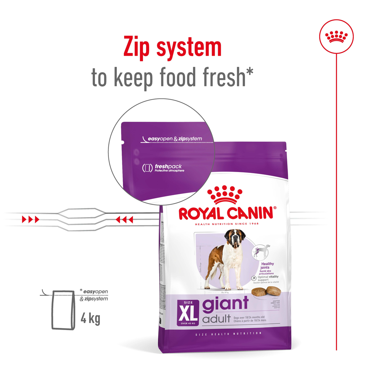 Royal Canin Giant Adult pack zip system illustration for keeping food fresh