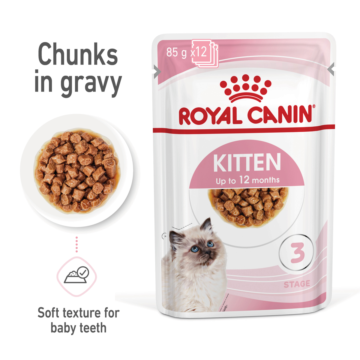 Royal Canin Kitten chunks in gravy beside the pouch pack, soft texture for baby teeth