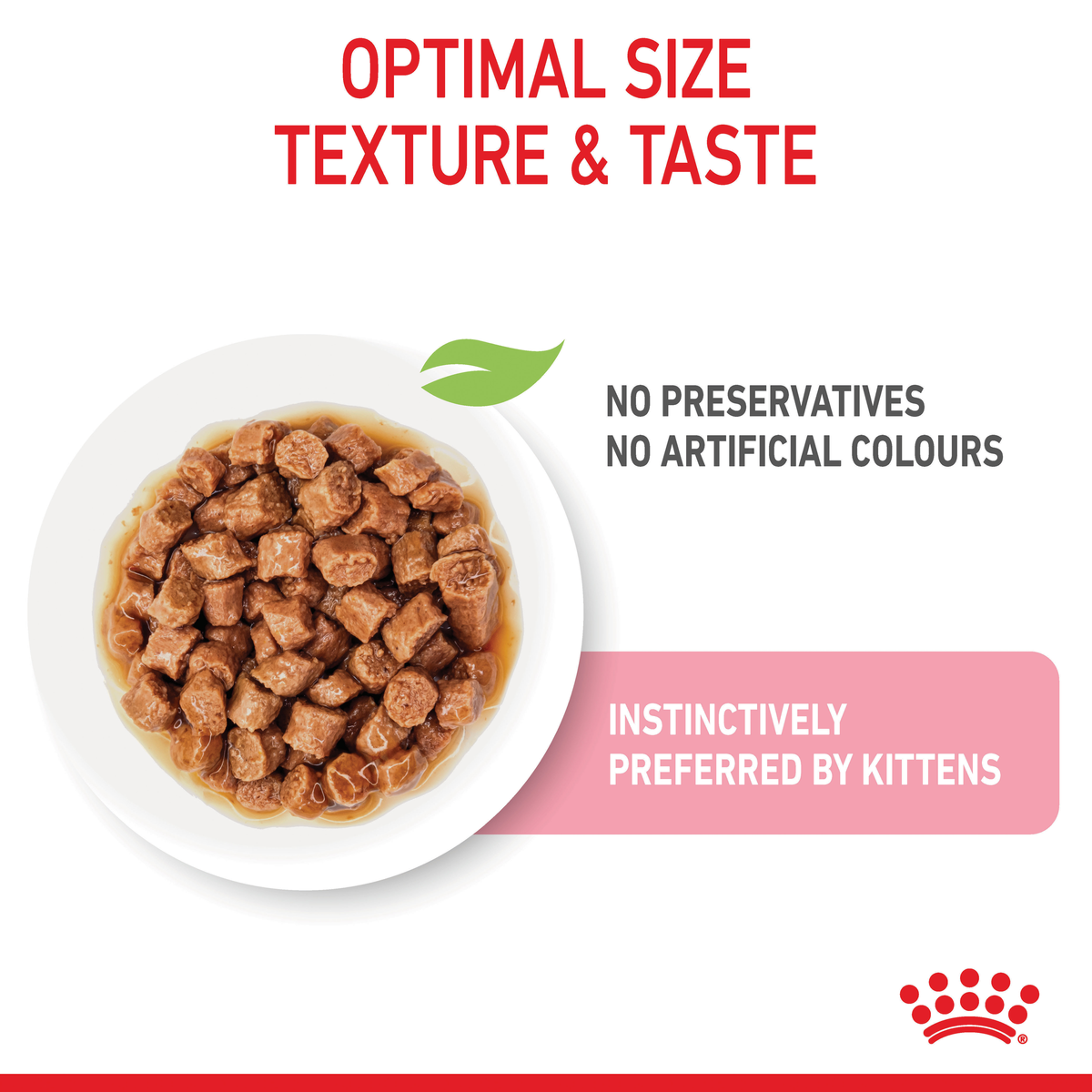 Close-up of Royal Canin Kitten chunks in gravy, no preservatives or artificial colours