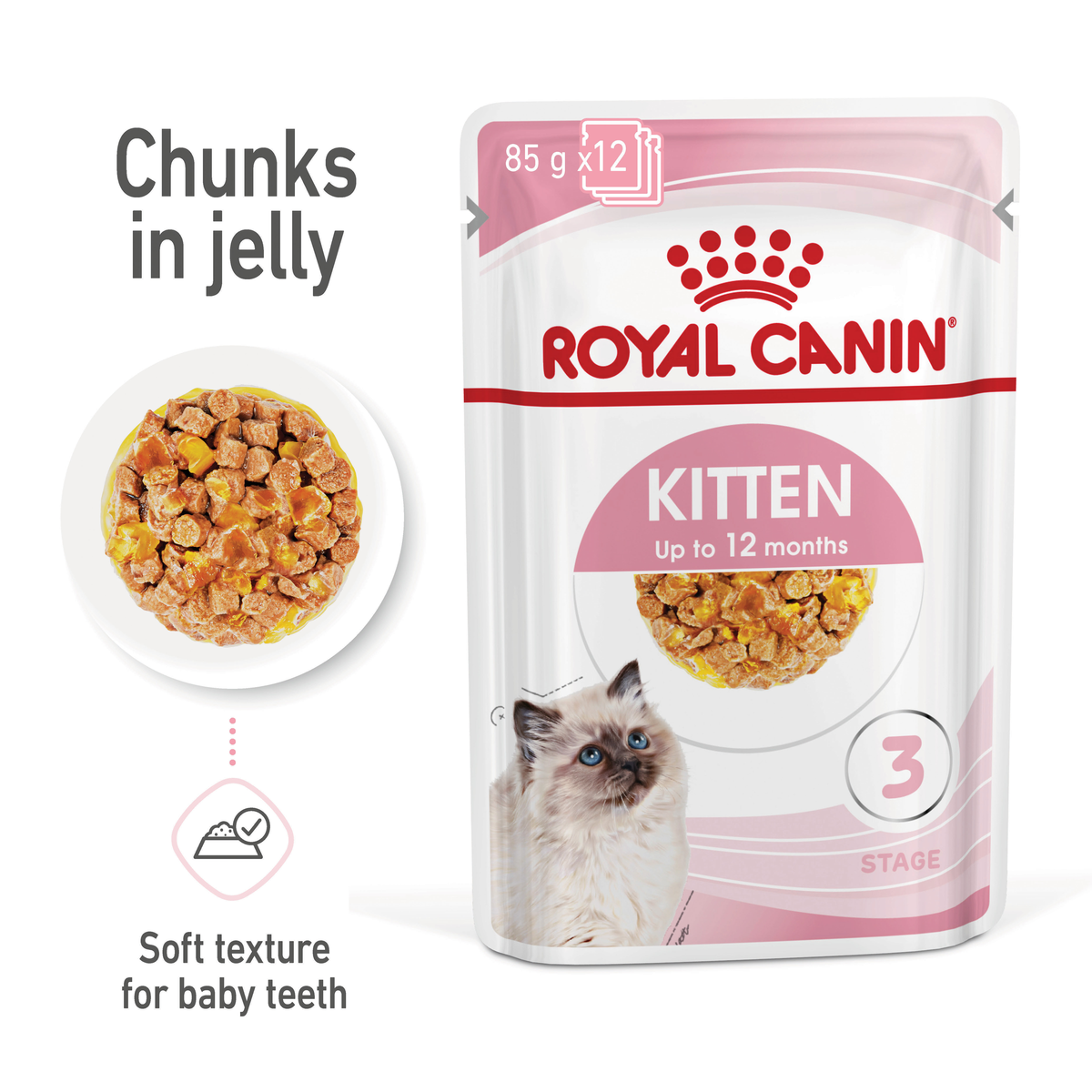 Royal Canin Kitten chunks in jelly beside the pouch pack, soft texture for baby teeth